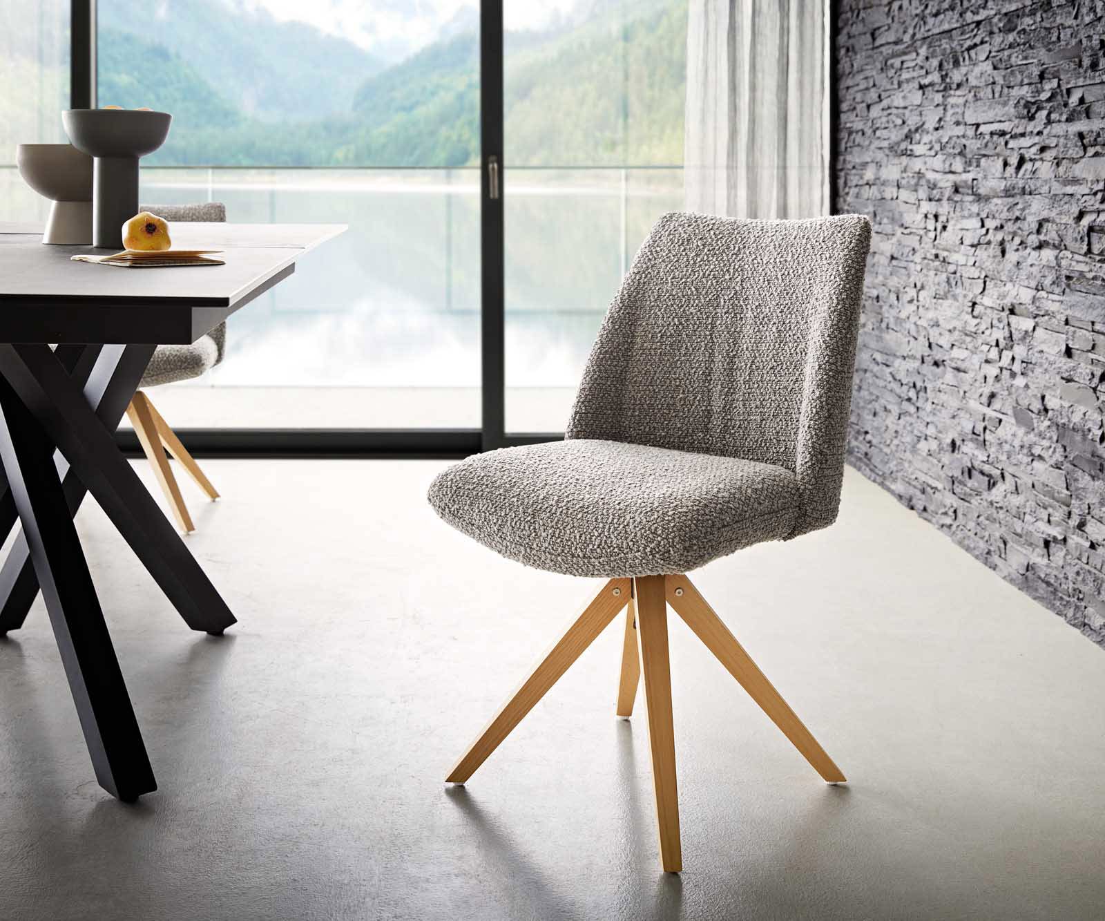 Draaistoel Elso-Flex bouclé zilver grijs houten frame hoekig natuur 180° draaibaar pocketveer kern
