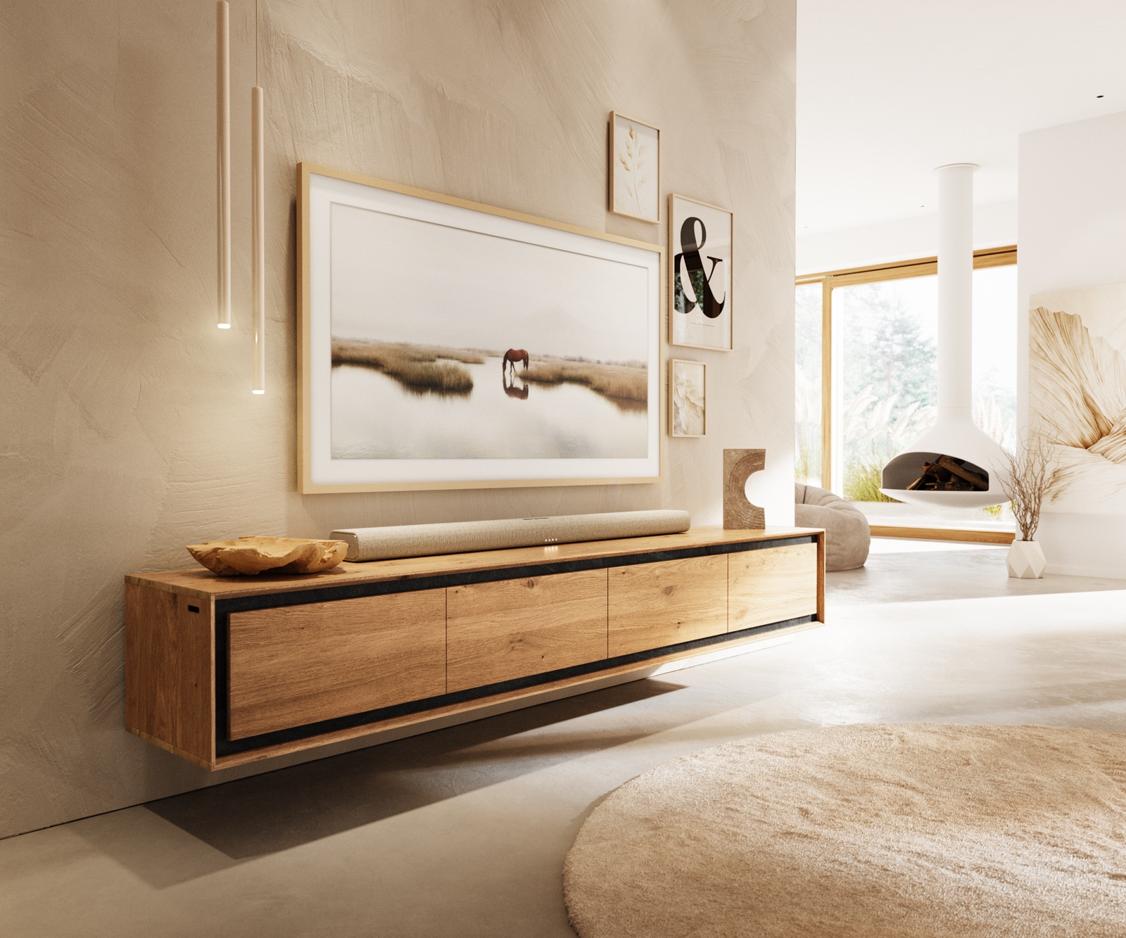 Tv-meubel Stonegrace 200 cm natuur eiken 4 deuren steenfineer zwevend Tv-meubel Stonegrace 200 cm natuur eiken 4 deuren steenfineer zwevend