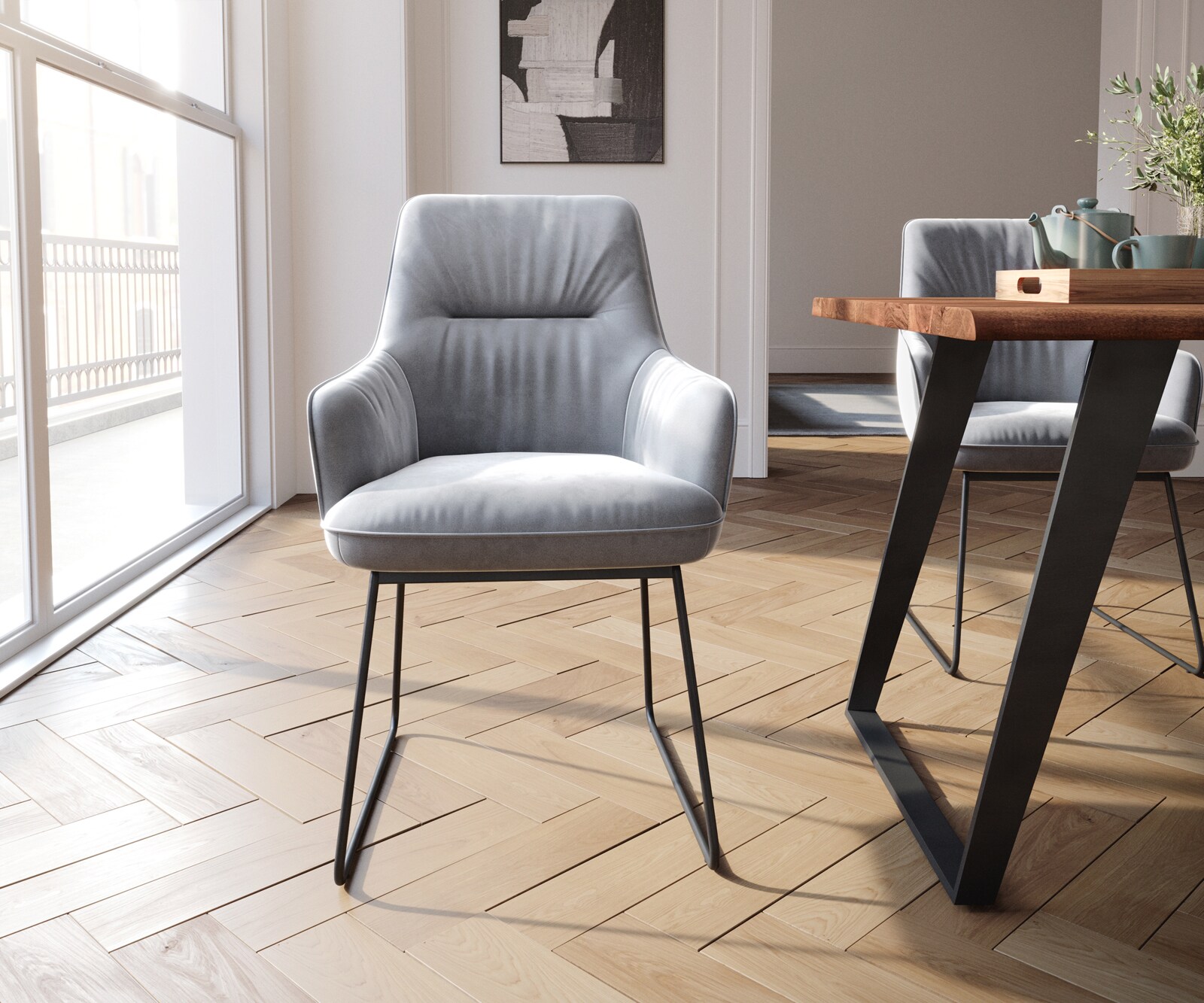 Eetkamerstoel Zelia-Flex met armleuning fluweel grijs slipframe zwart pocketveer kern 1