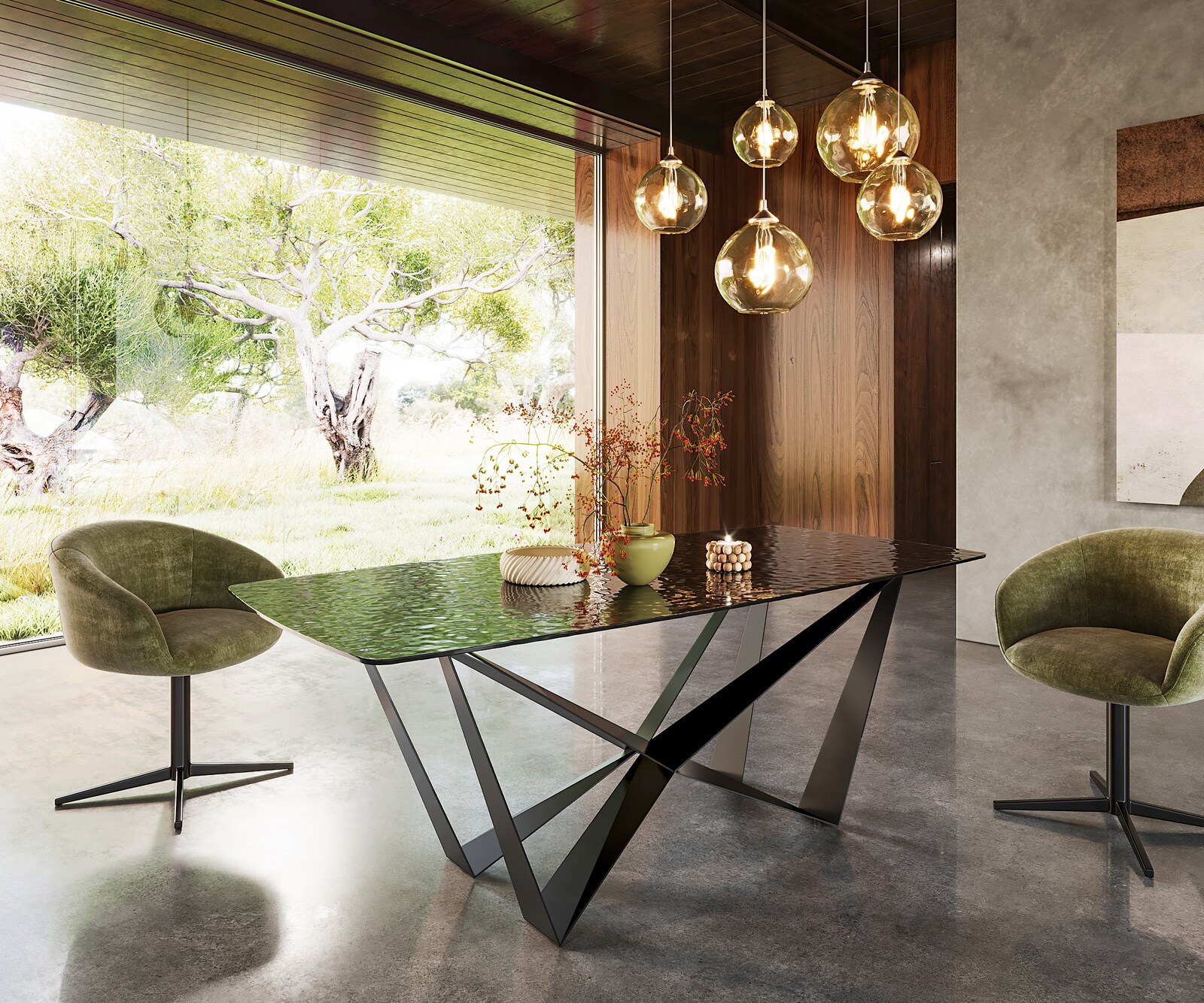 Eetkamertafel Edge Boot 200x100 Glas smelten rokerig zwart 3D-Relief spider vlak staal zwart 3