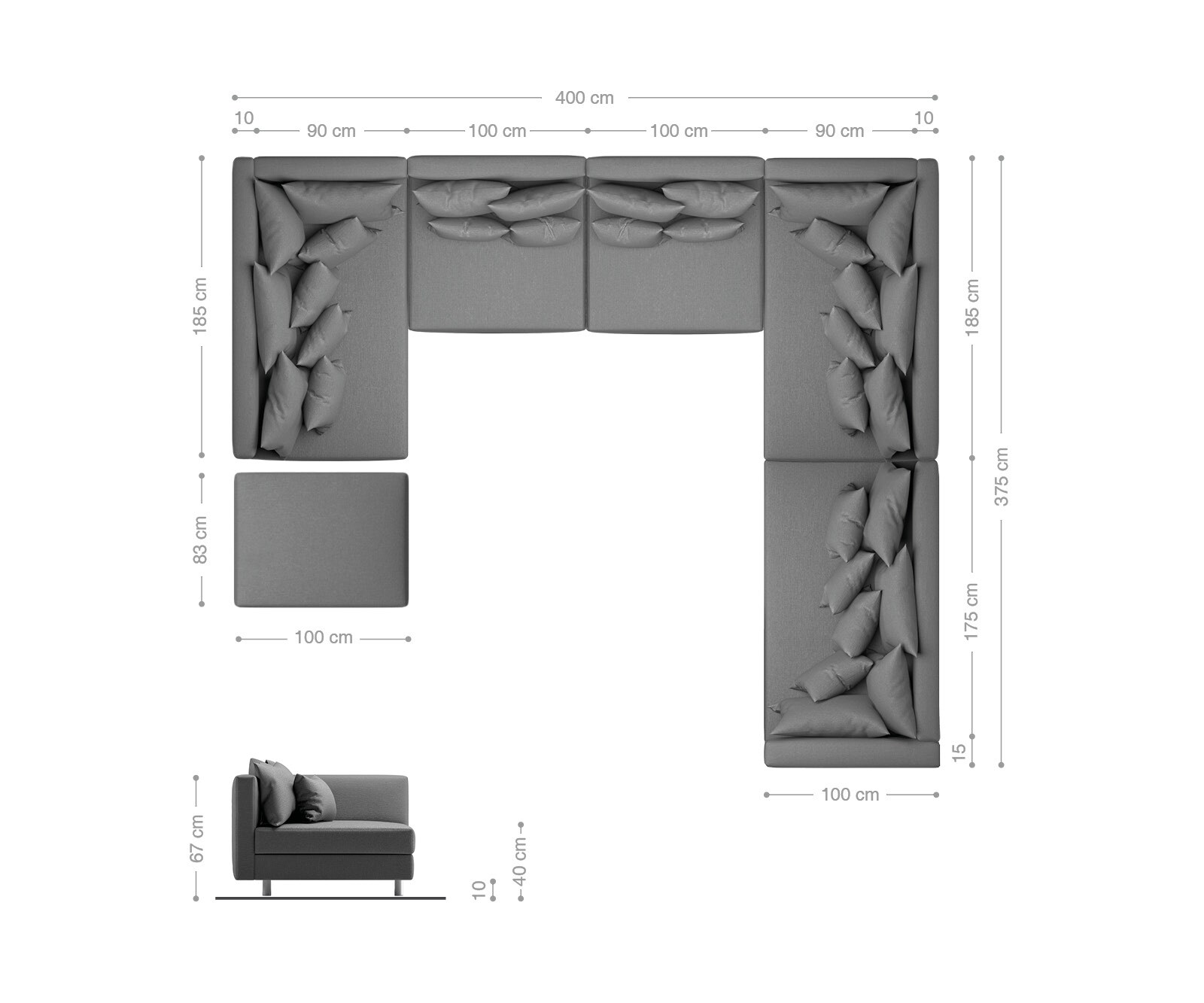 Woonlandschap Clovis XXL zwart modulaire bank ottomane rechts 7