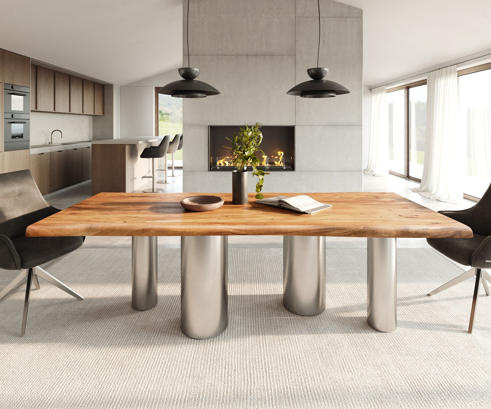 Eetkamertafel Edge 240x100 acacia natuurPilier roestvrij staal geborsteld Live-Edge 1