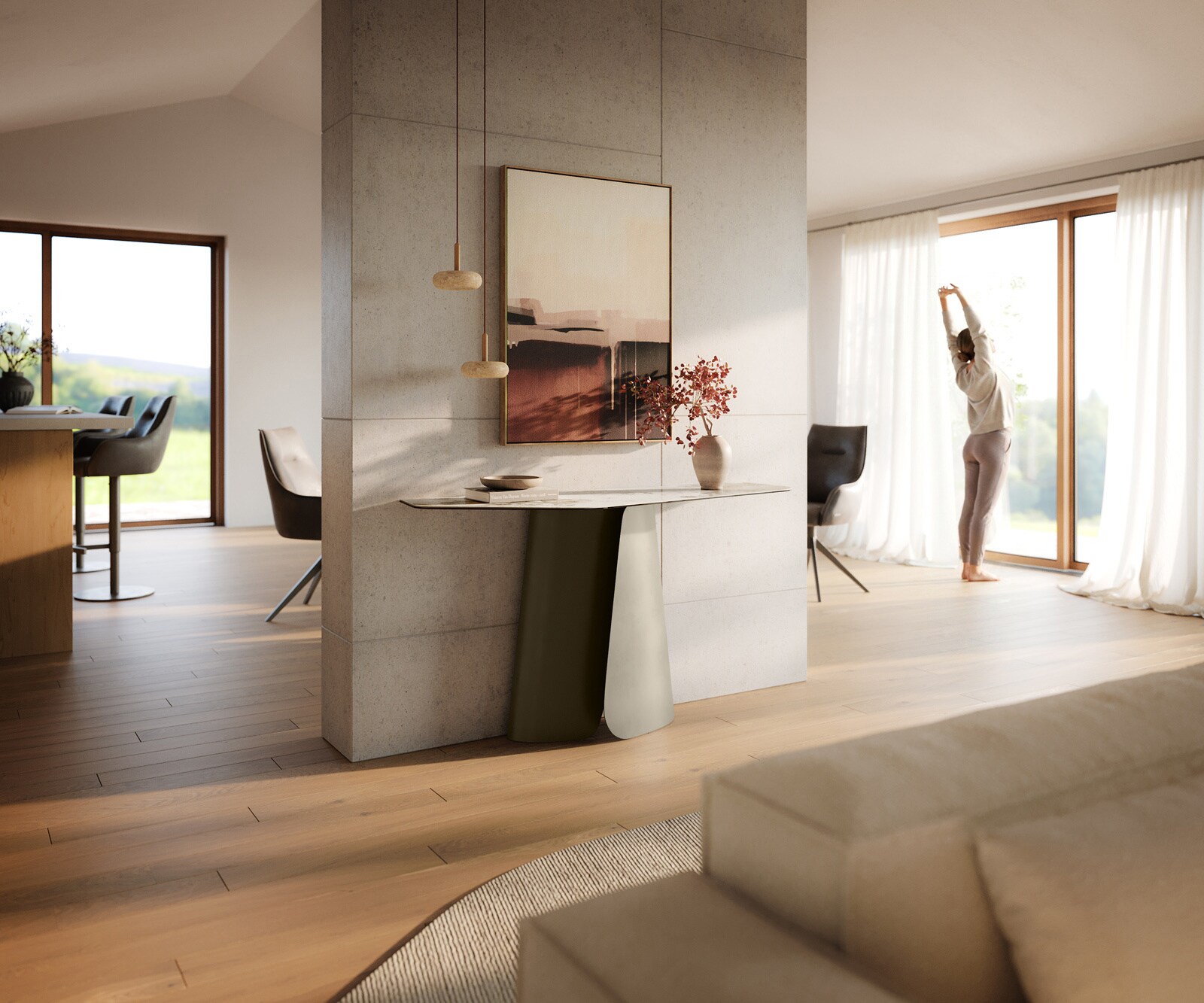 Consoletafel Edge Polygonaal 140x50 cm Keramiek Minas Melange Weiß-Beige Livos Metaal Effektfinish Titan 7