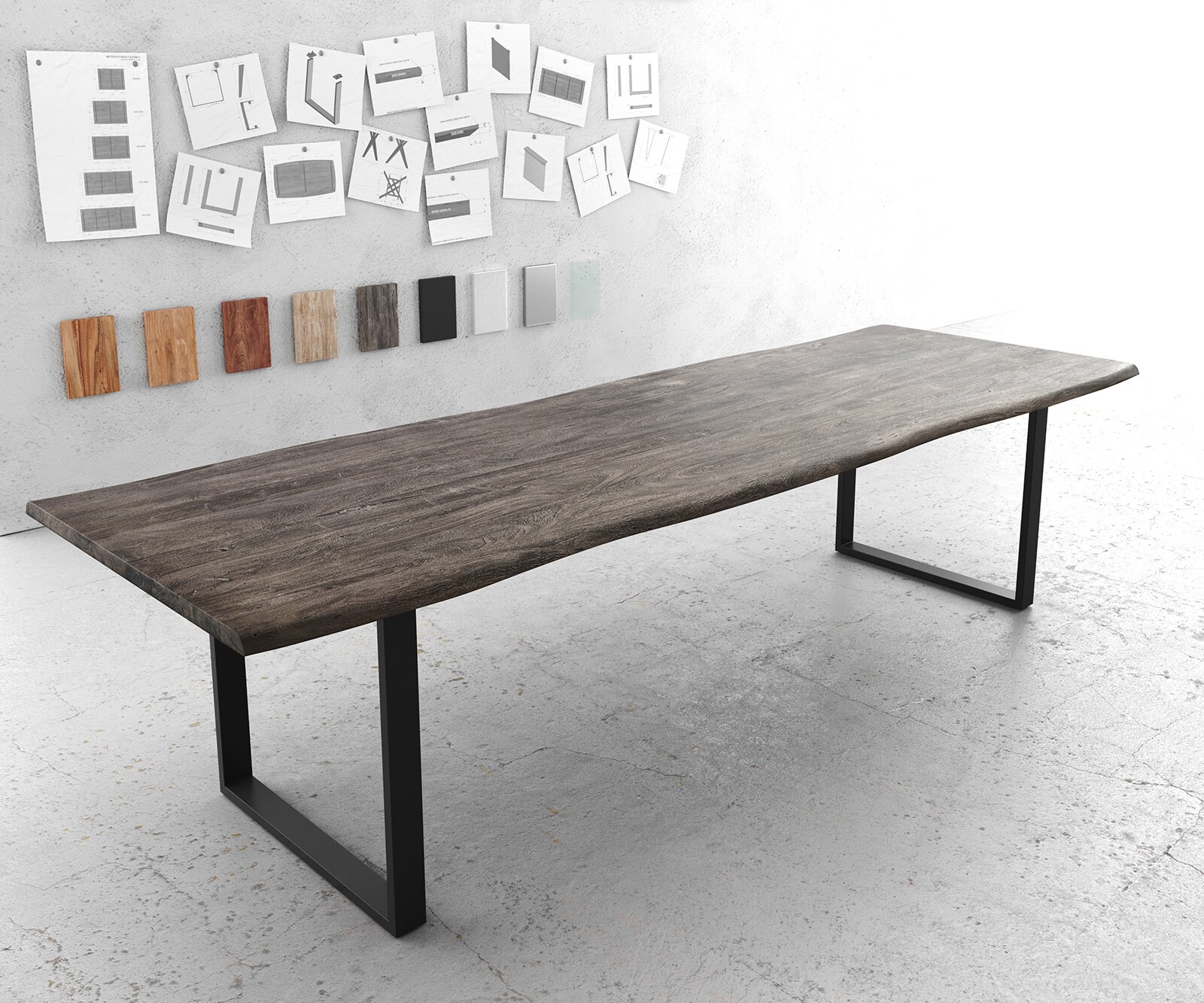 Eettafel Edge 300x100 XL acacia platina skidframe zwart Live-Edge 1