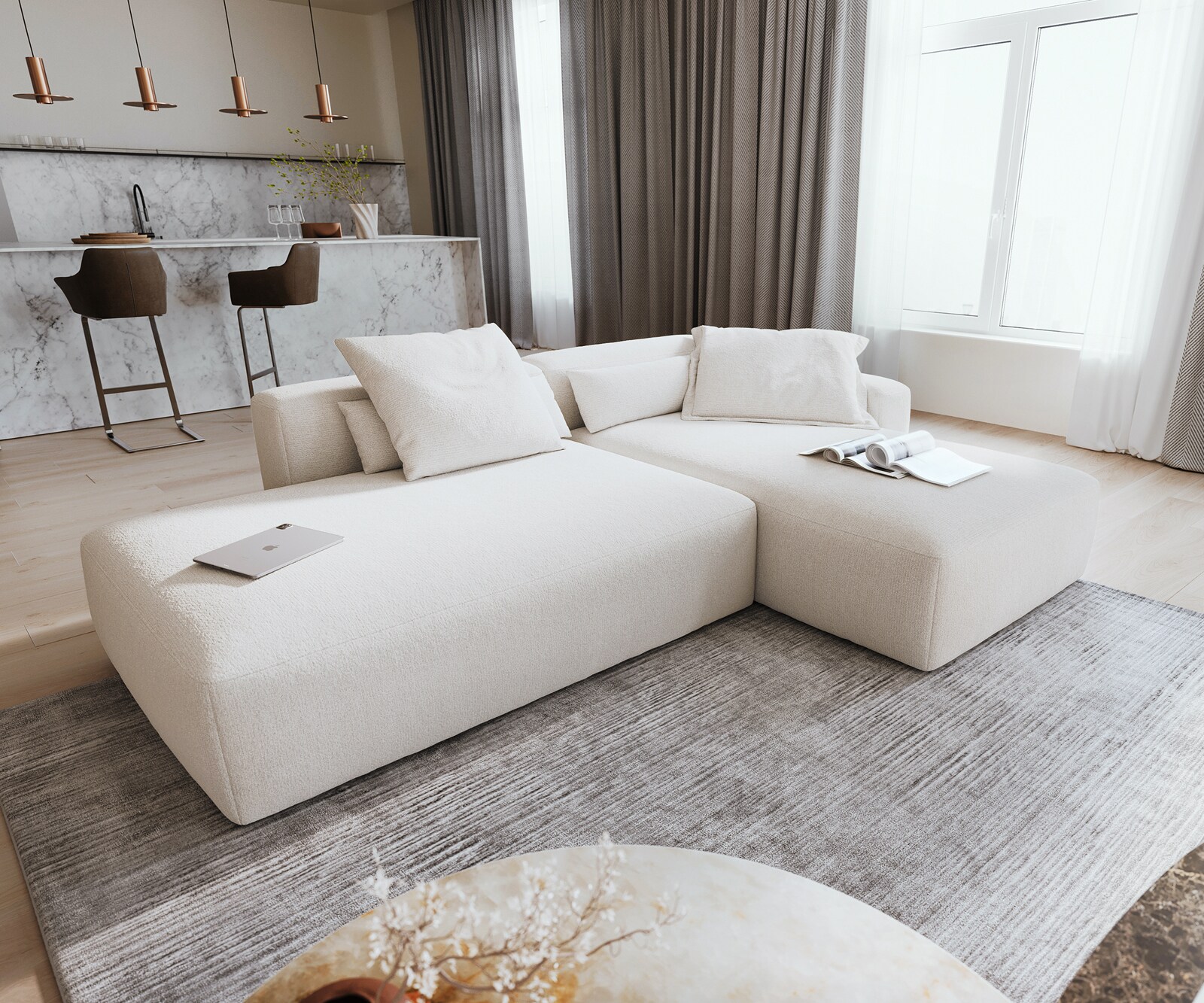 Hoekbank Freestyle 310x200 cm Bouclé zacht Beige kapnaad