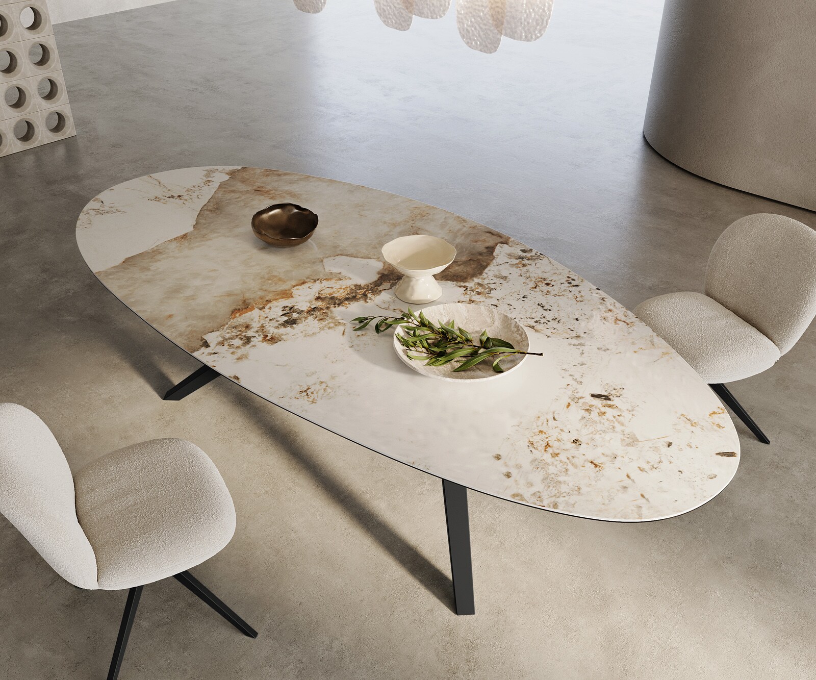 Eetkamertafel Edge ovaal 280x130 keramiek Minas Melange wit-Beige Zenthara hoekig metaal zwart 1