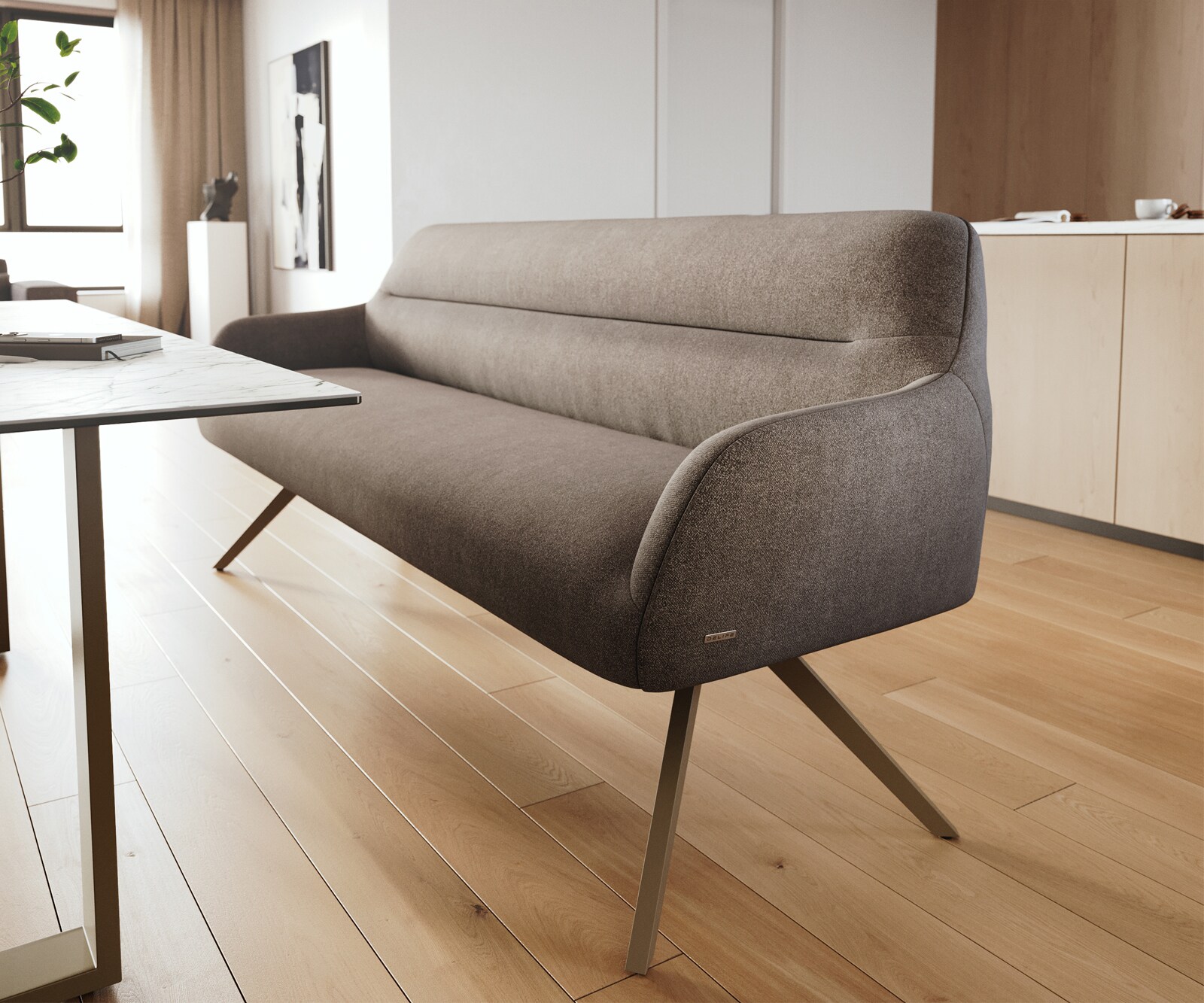 Eetkamerbank Taya-Flex 200 cm zachte stof met structuur taupe hoekig kruisframe afwerking met titaniumeffect pocketvering 5