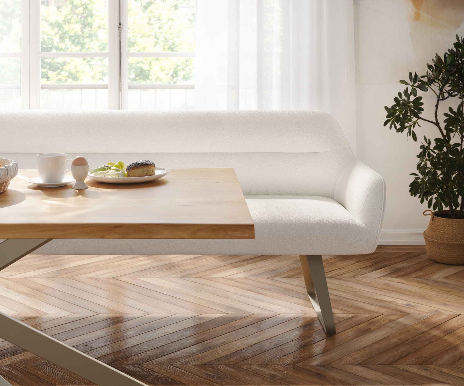 Eetkamerbank Taya-Flex 200 cm bouclé crème-wit platte sledebasis afwerking met titaniumeffect pocketvering 3