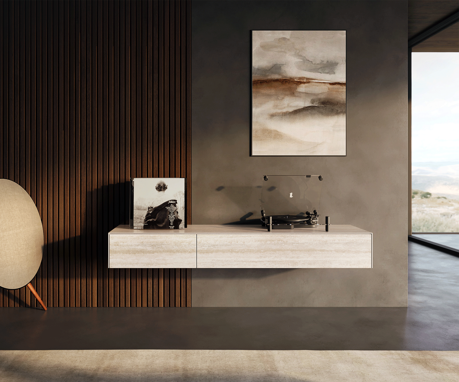 Tv-meubel Cuor 150 cm Keramiek Laminam® Travertino Bianco Crème-wit 1 Flap 1 Lade Zwevend 2