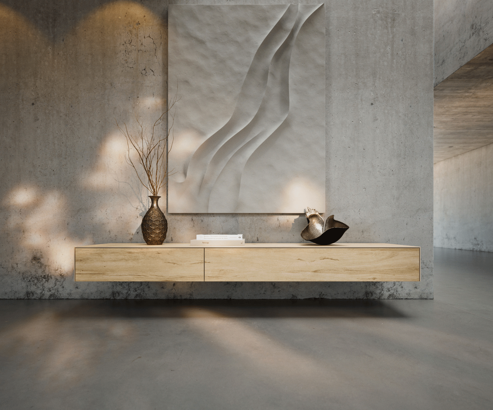 Tv-meubel Cuor 200 cm Keramiek Laminam® Sabbia Eiken gekleurd 1 Flap 1 Lade Zwevend 1