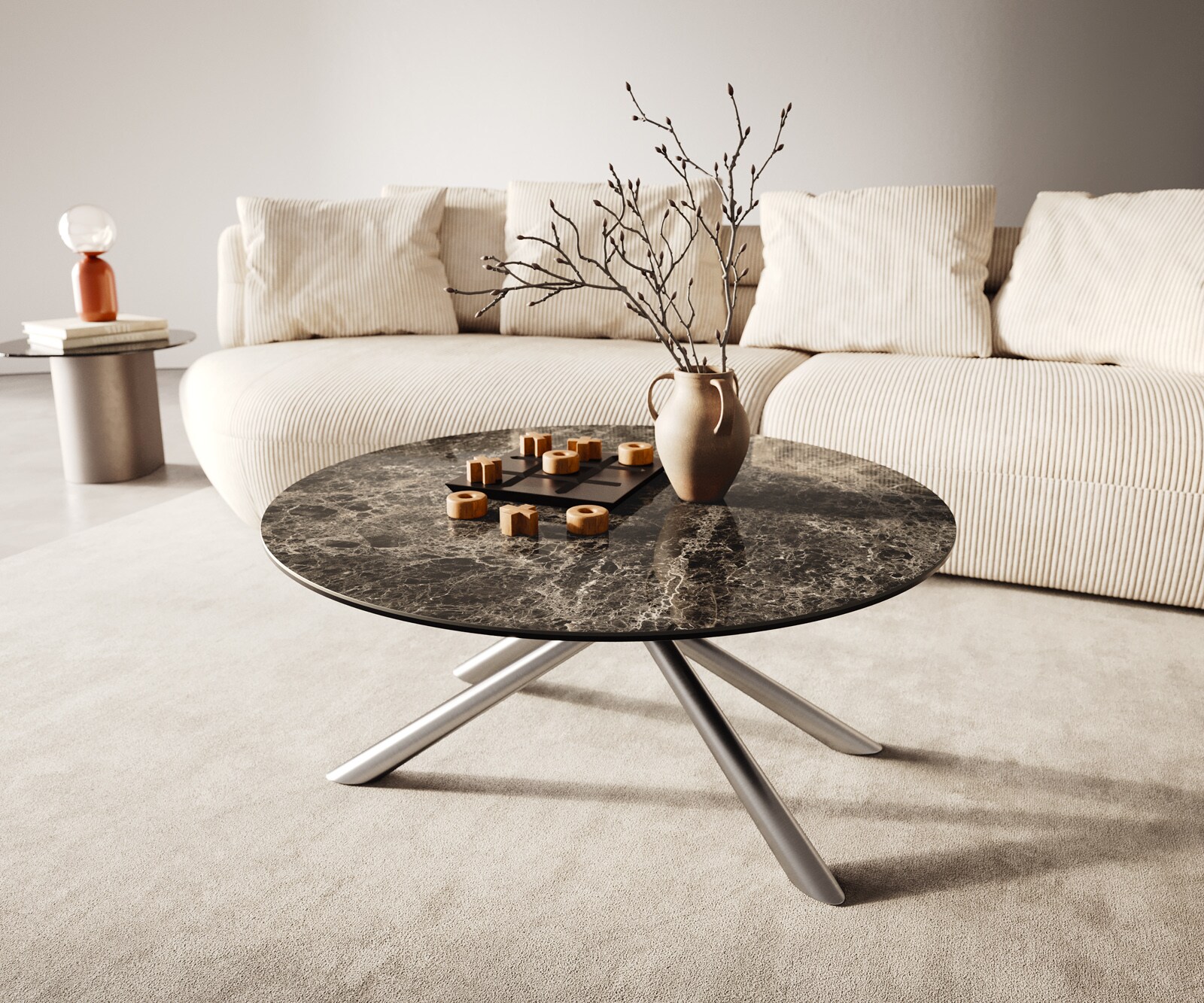 Salontafel Edge rond 90x90 cm keramiek Laminam® Emperador Extra Lucidato donkerbruin Sarity geborsteld roestvrij staal 1