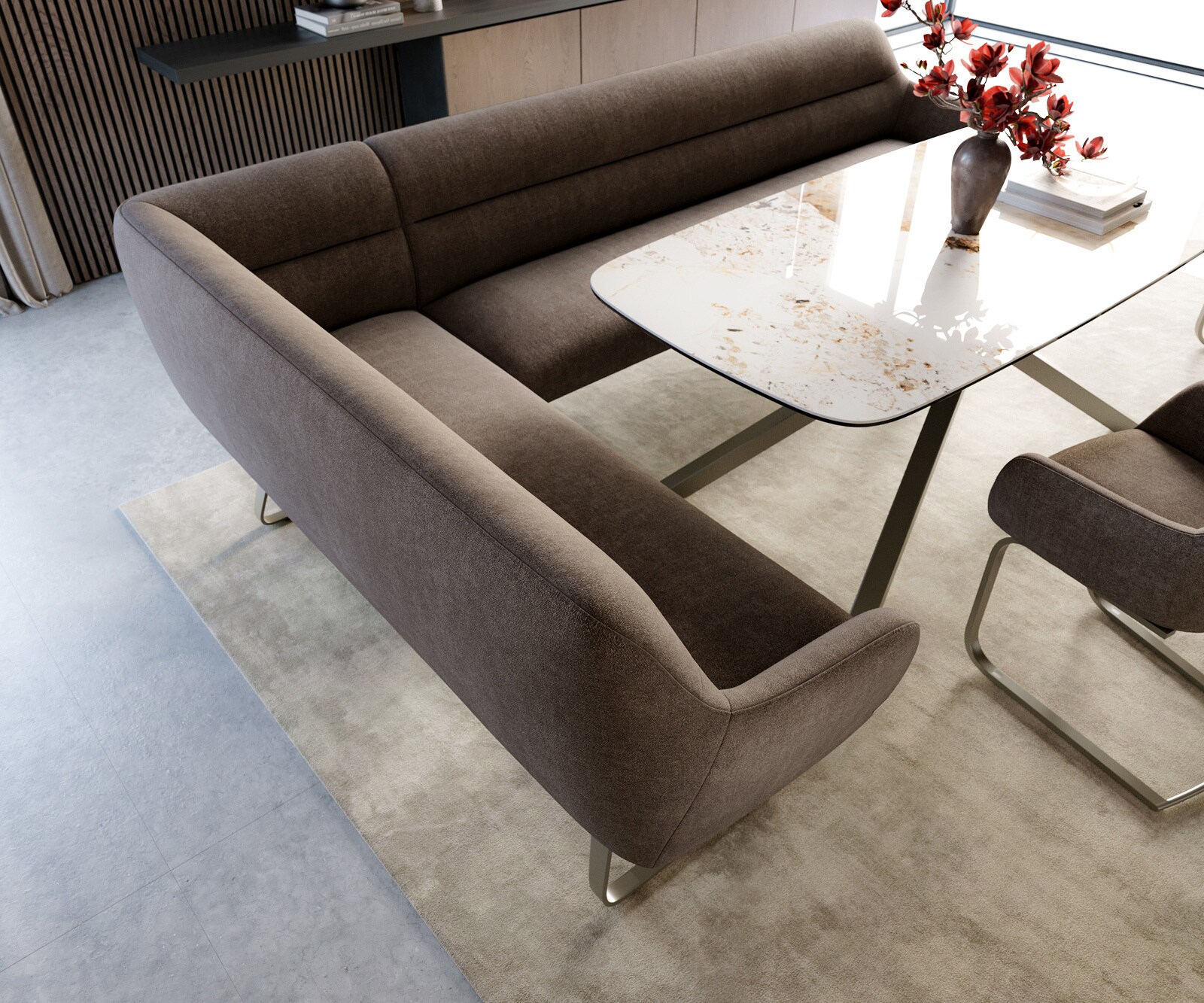 Eetkamerbank Taya-Flex 285x190 cm zachte stof met structuur taupe platte sledebasis afwerking met titaniumeffect pocketvering rechts 4