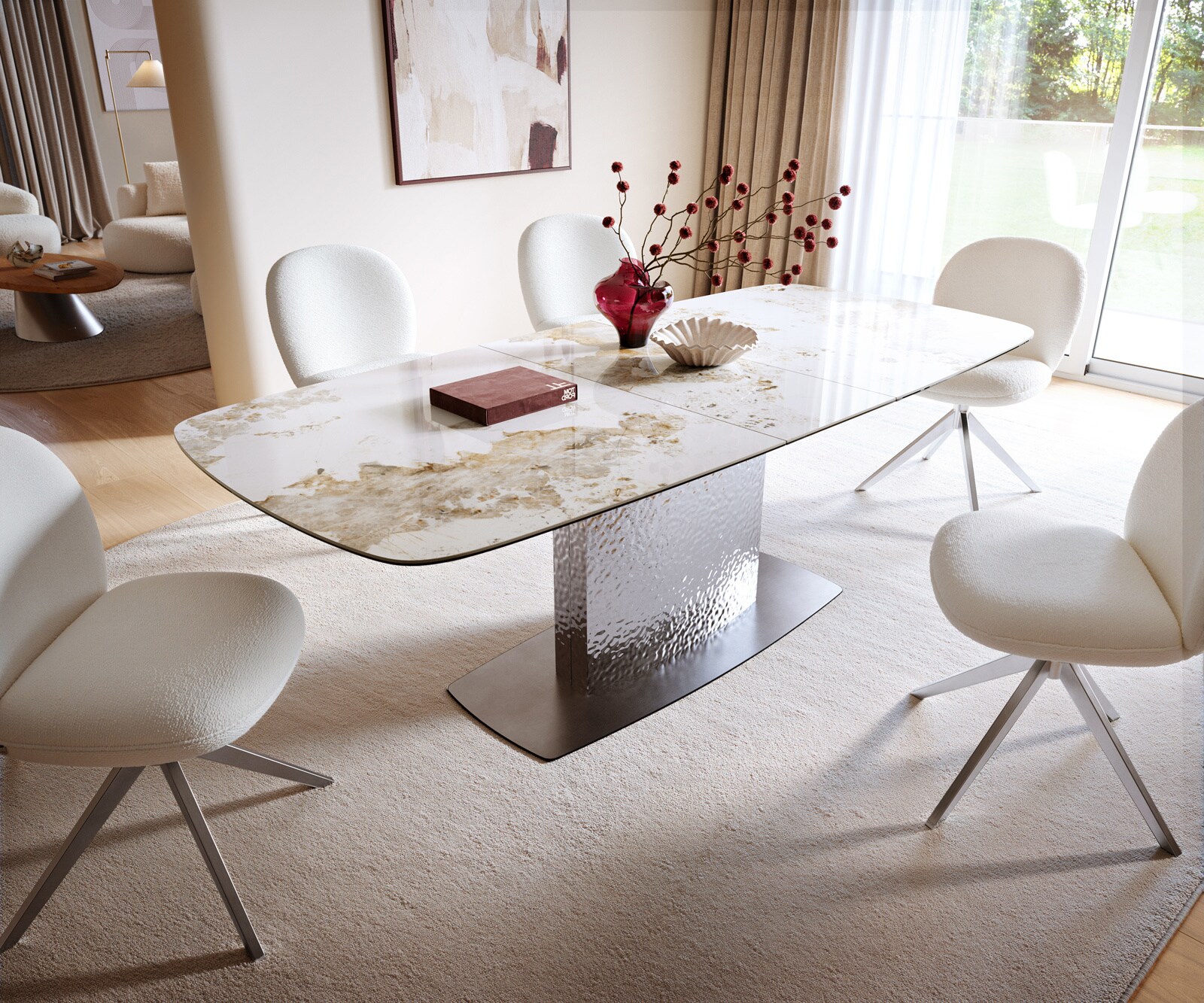 Eettafel Edge Boot 180-220x100 Keramiek Minas Melange Wit-beige Wave RVS uitschuifbaar 5
