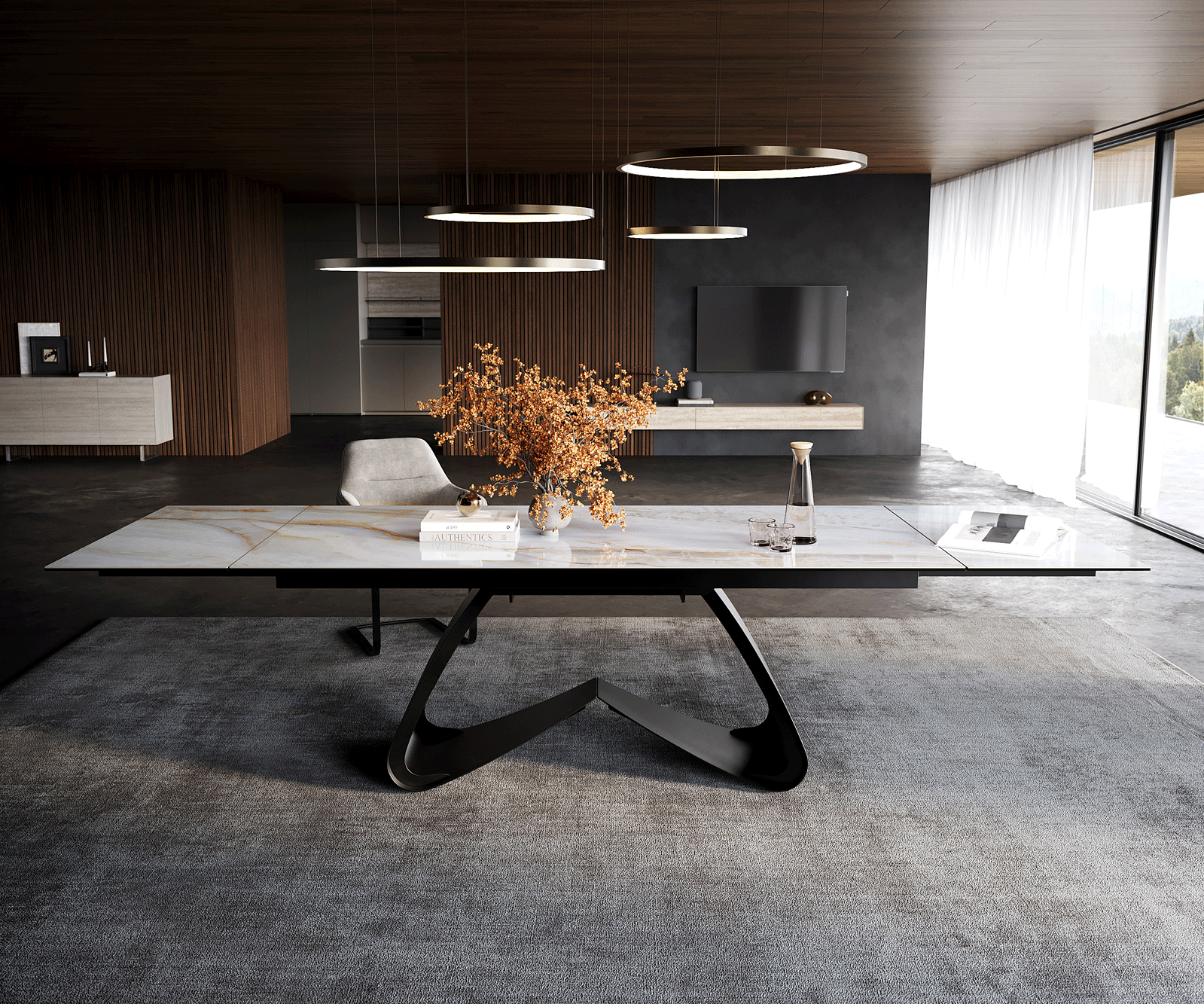Eettafel Edge 200-300x100 cm keramiek Onyx Pearl W-onderstel metaal zwart uittrekbaar 2