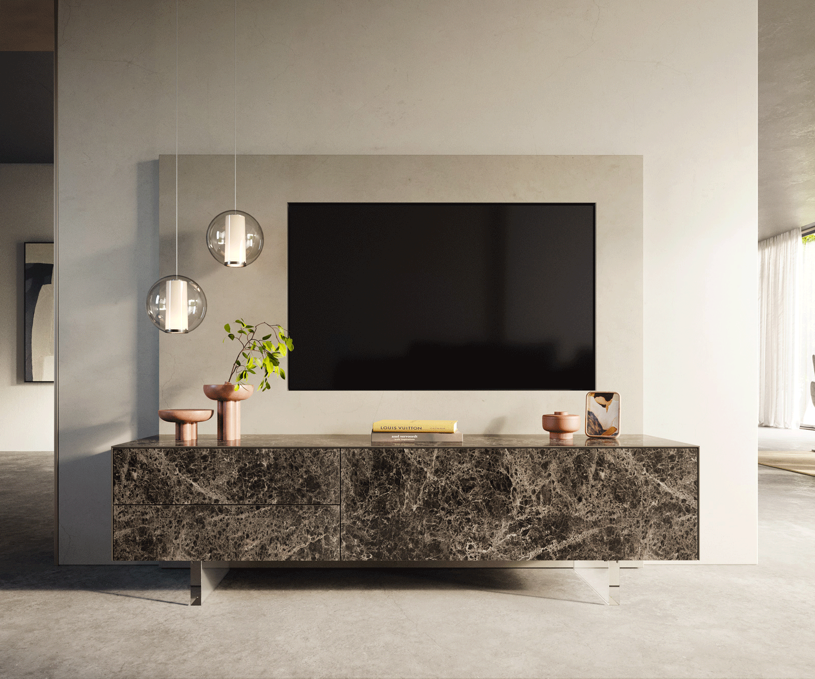 Tv-meubel Cuor 180 cm Keramiek Emperador Extra Lucidato Donkerbruin 1 Flap 2 Laden Zwevende voet look Acrylglas 1