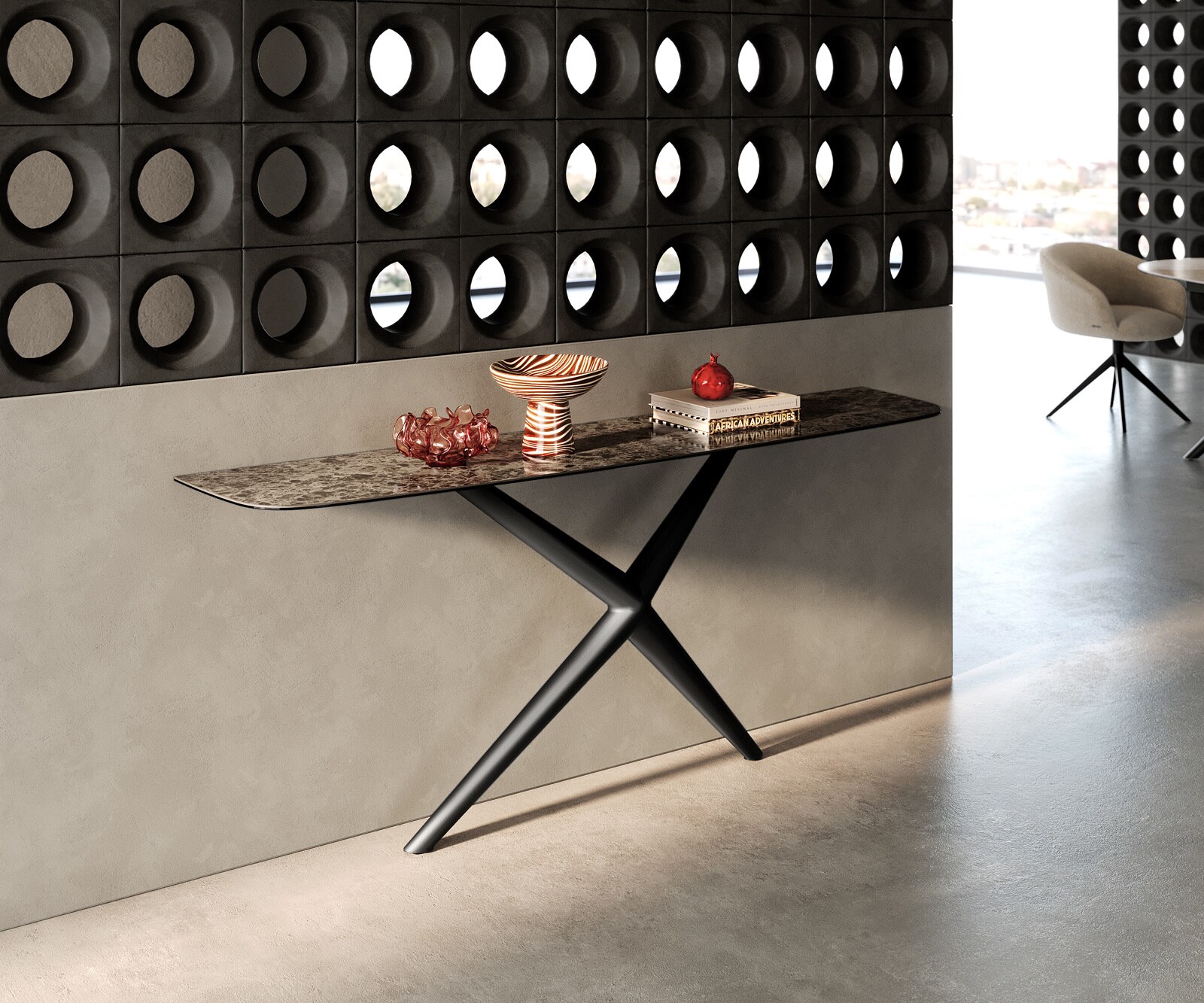 Consoletafel Edge Bootvorm 180x40 cm Keramiek Emperador Extra Lucidato Dunkelbraun Estelo Metaal Zwart 4