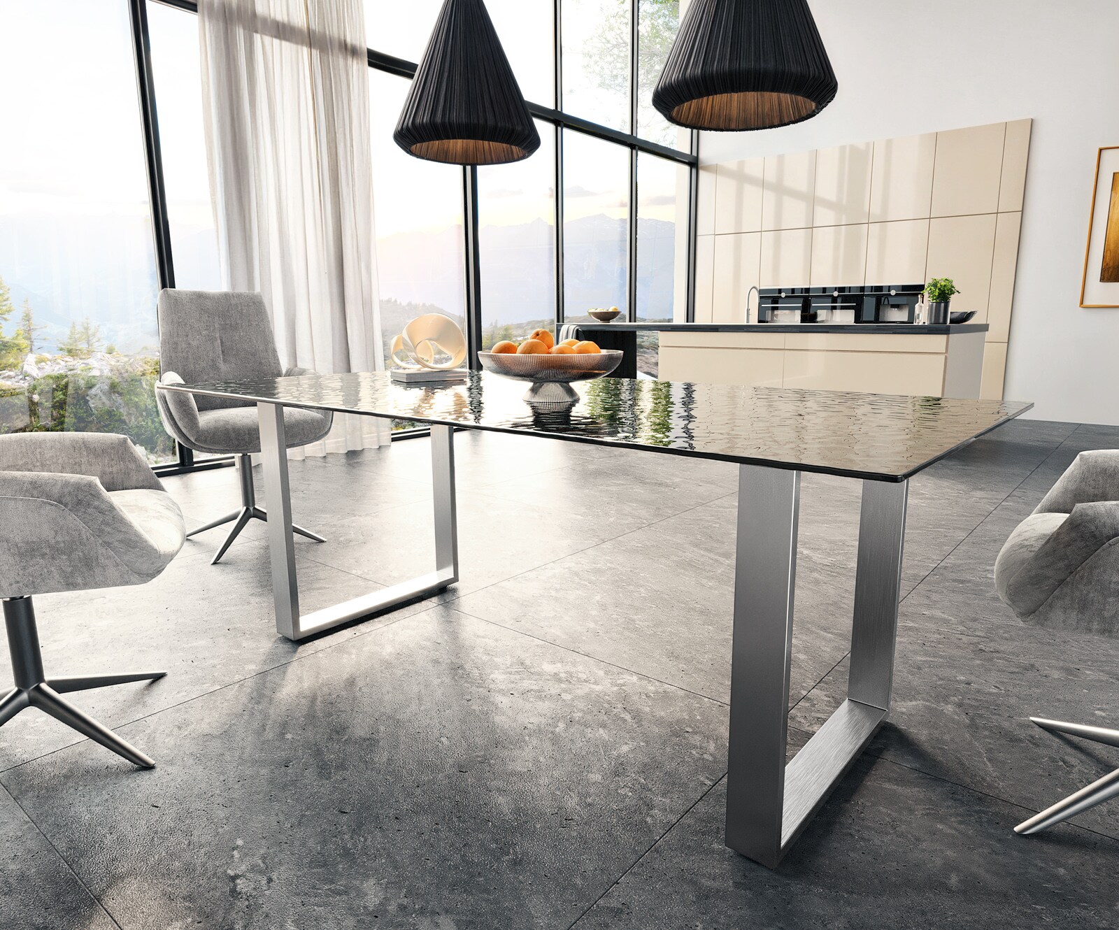 Eetkamertafel Edge 200x100 Glas smelten rokerig zwart 3D-Relief RVS Schmal 3
