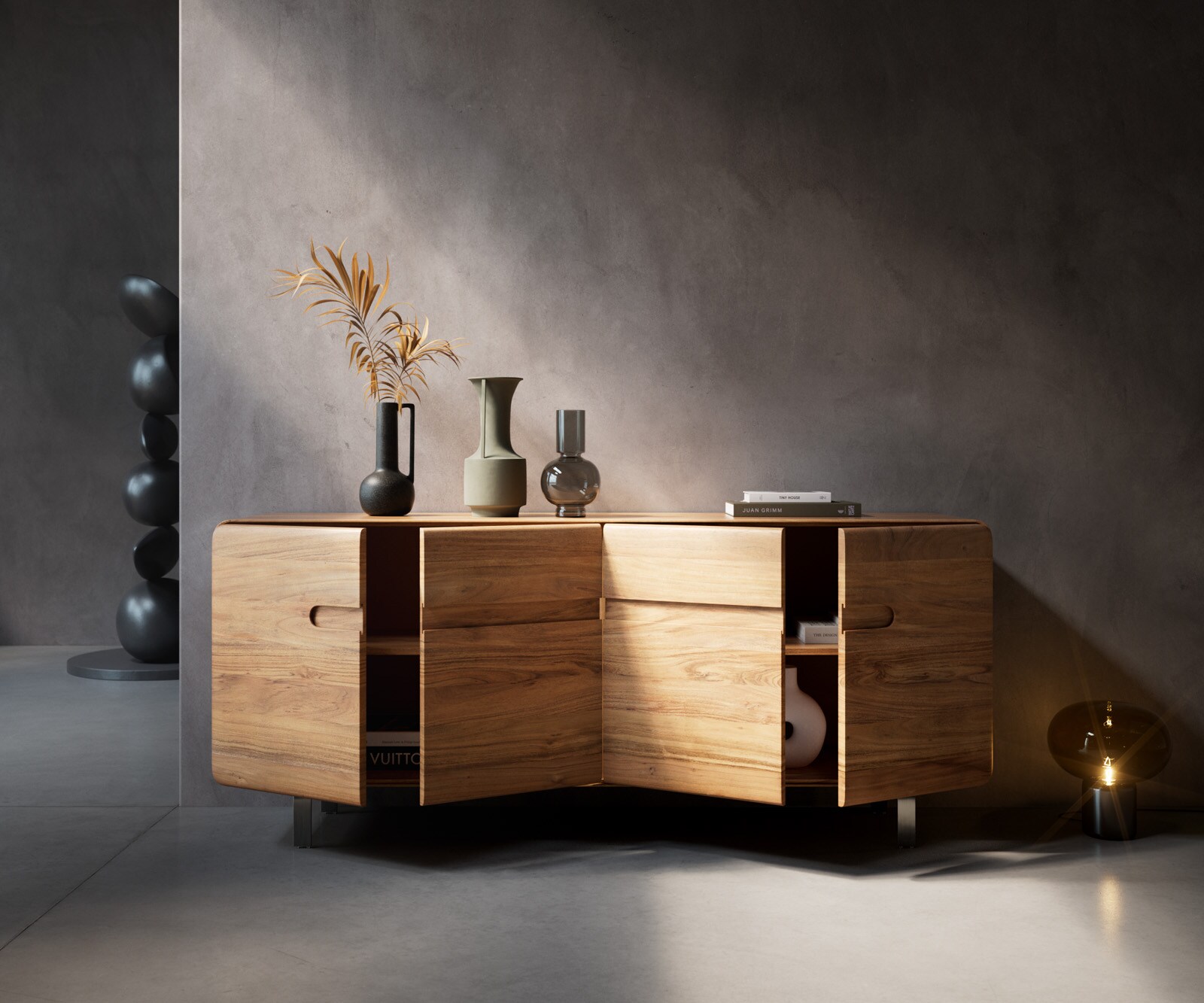 Dressoir Anaya 175 cm natuur acacia 4 deuren L-onderstel roestvrij staal 4