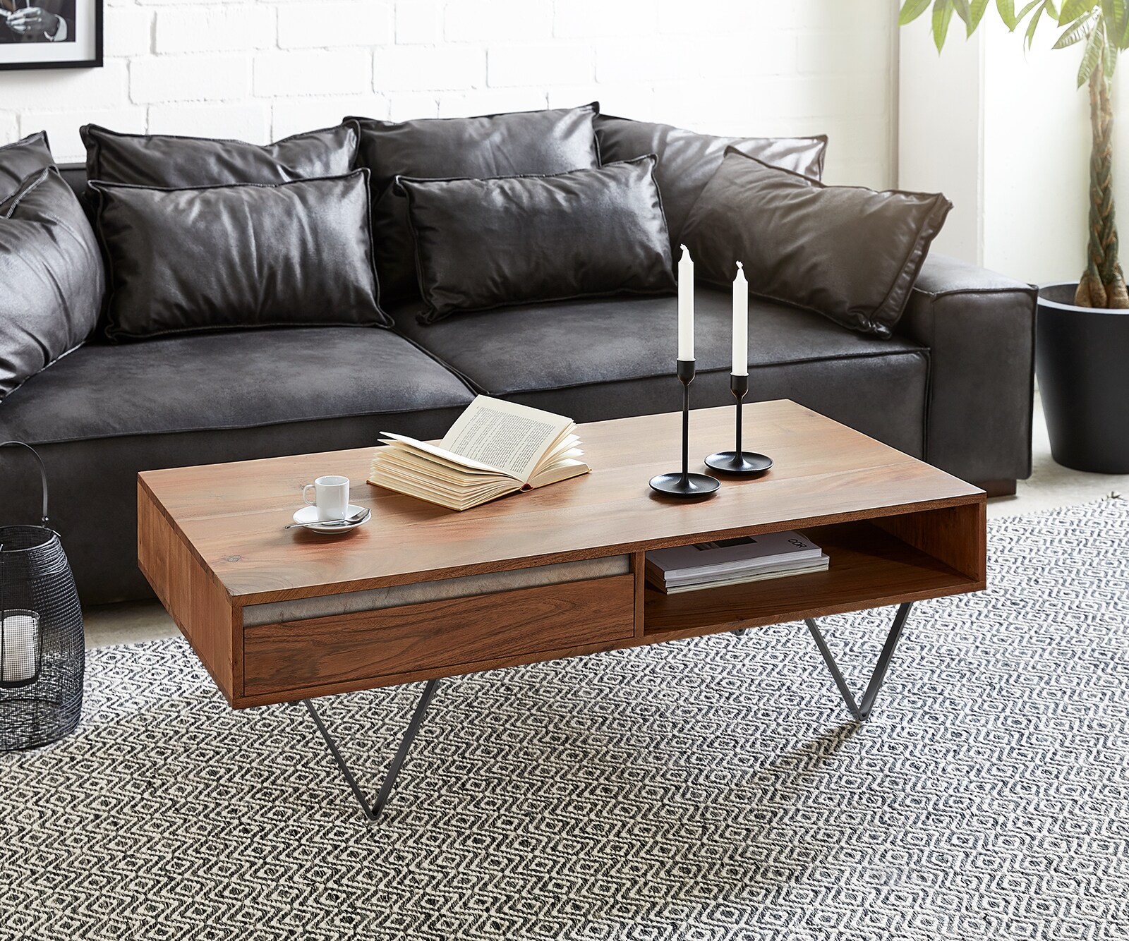 Salontafel Stonegrace 115x60 cm acacia bruin Leisteen 2 laden 1 legplank V-poot zwart