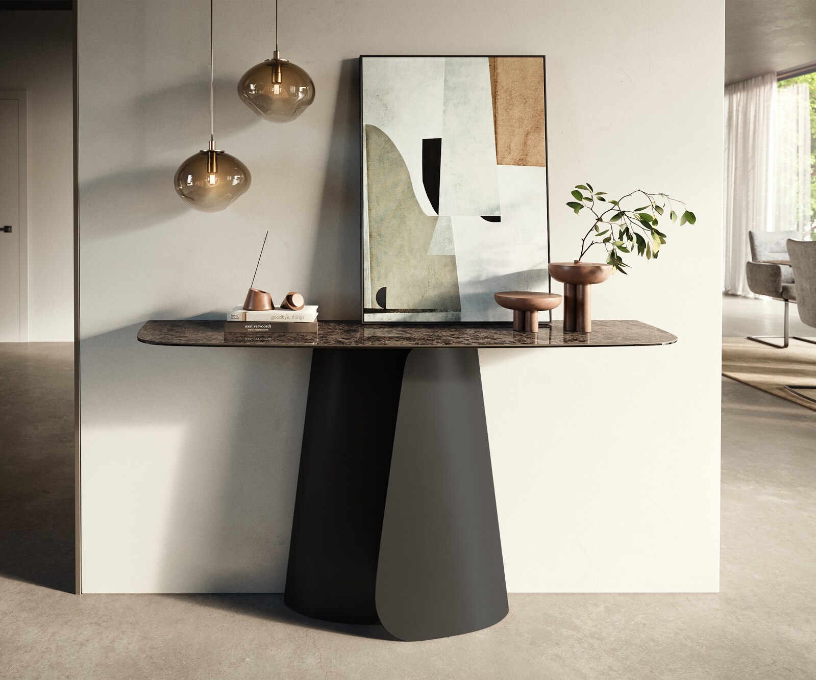 Consoletafel Edge Bootvorm 140x40 cm Keramiek Emperador Extra Lucidato Dunkelbraun Livos Metaal Zwart