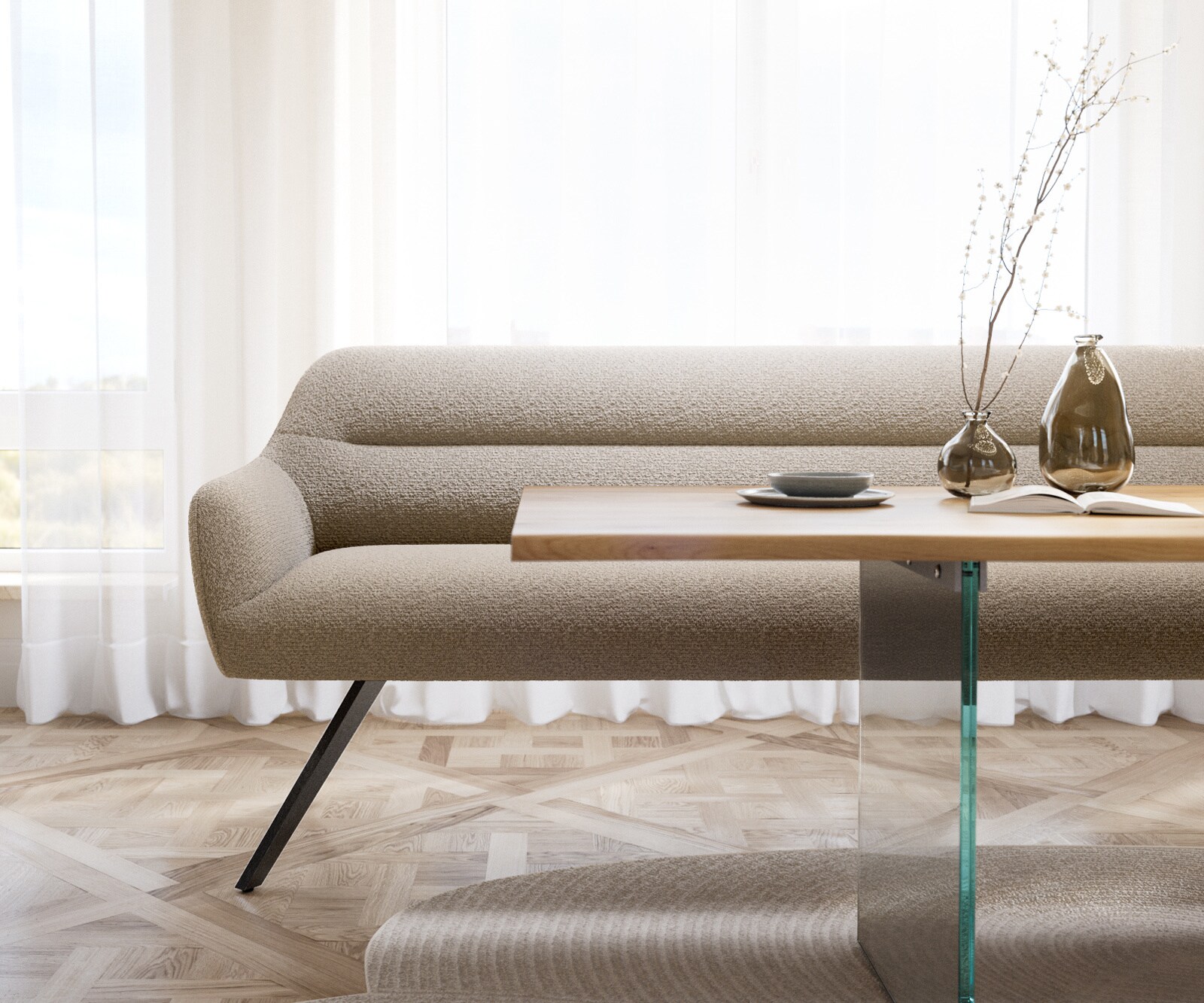 Eetkamerbank Taya-Flex 200 cm bouclé mud hoekig kruisframe grafiet pocketvering 2