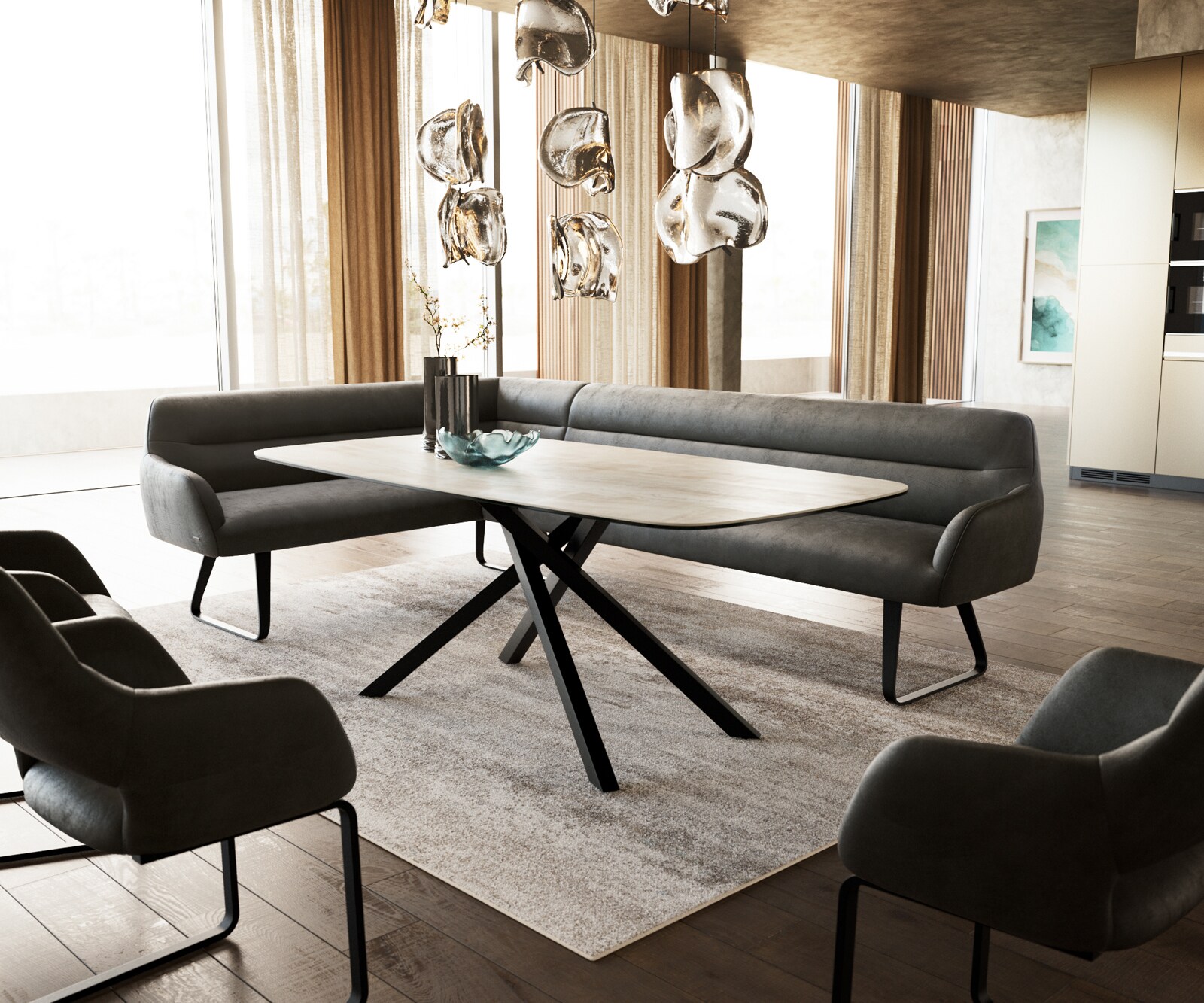 Eetkamerbank Taya-Flex 285x190 cm microvelours anthraciet vintage platte sledebasis zwart pocketvering rechts 1