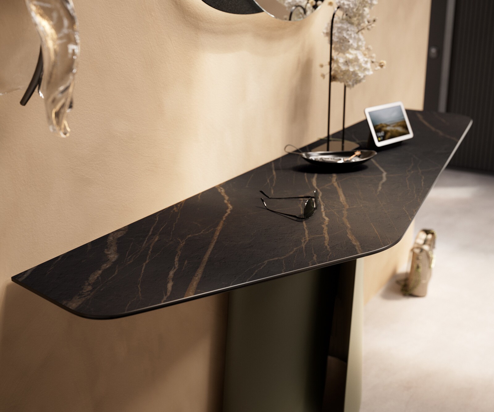 Consoletafel Edge Polygonaal 180x50 cm Keramiek Laminam® Noir Desir Braun Livos Metaal Effektfinish Titan 6