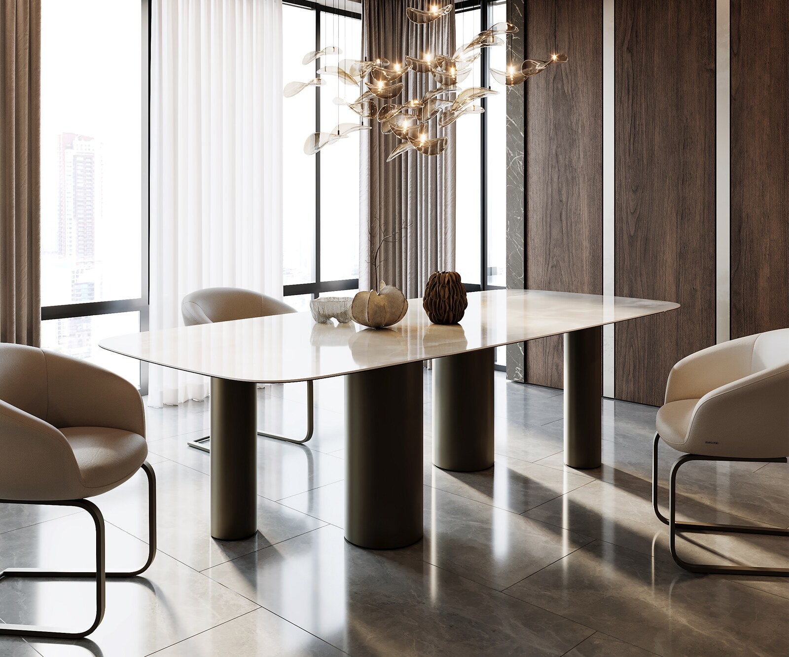 Eetkamertafel Edge Boot 270x120 keramiek Iris FMG Onice Grigio Pilier metaal effectafwerking titaan