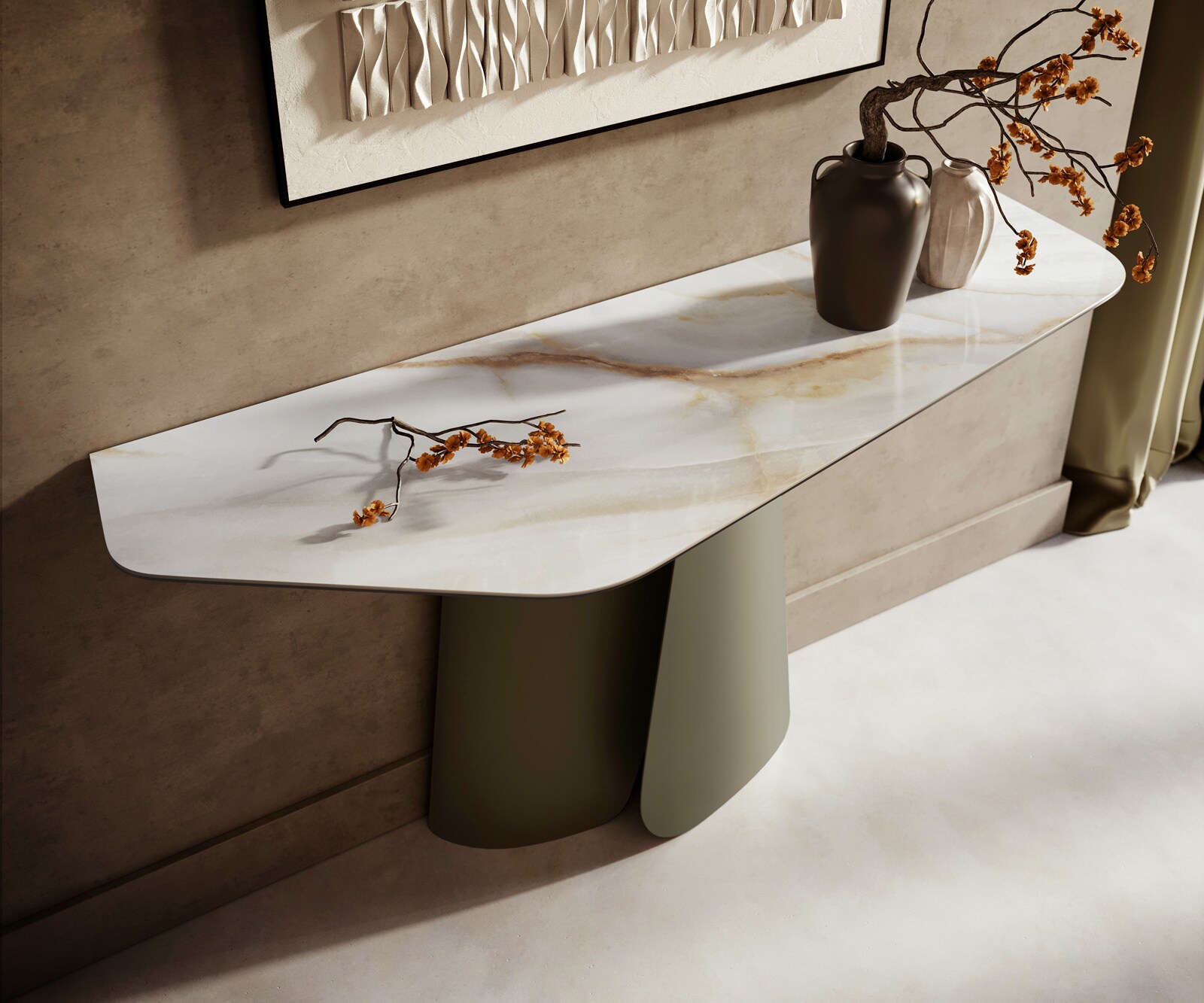 Consoletafel Edge Polygonaal 140x50 cm Keramiek Onyx Pearl Livos Metaal Effektfinish Titan 2