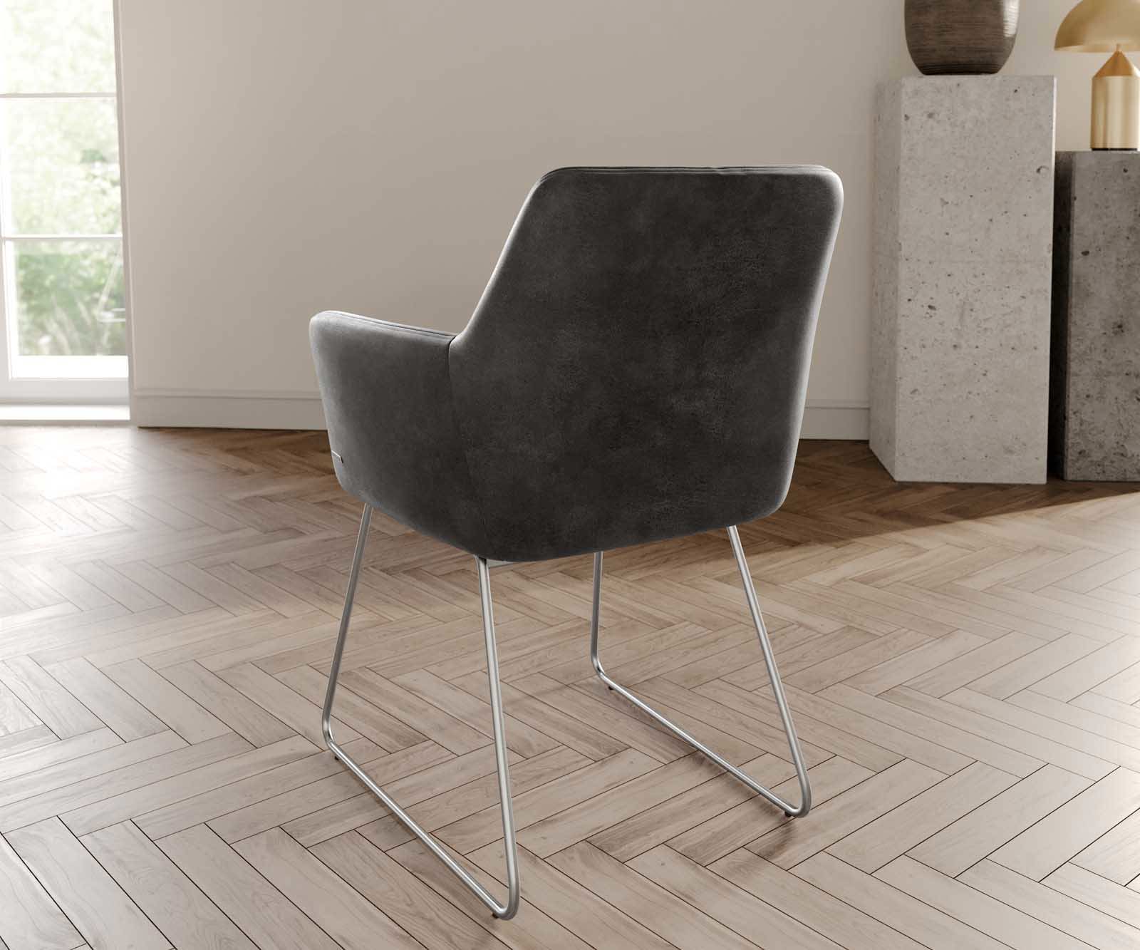 Eetkamerstoel Xana-Flex met armleuning microvelours antraciet vintage slipframe roestvrij staal pocketveer kern 3