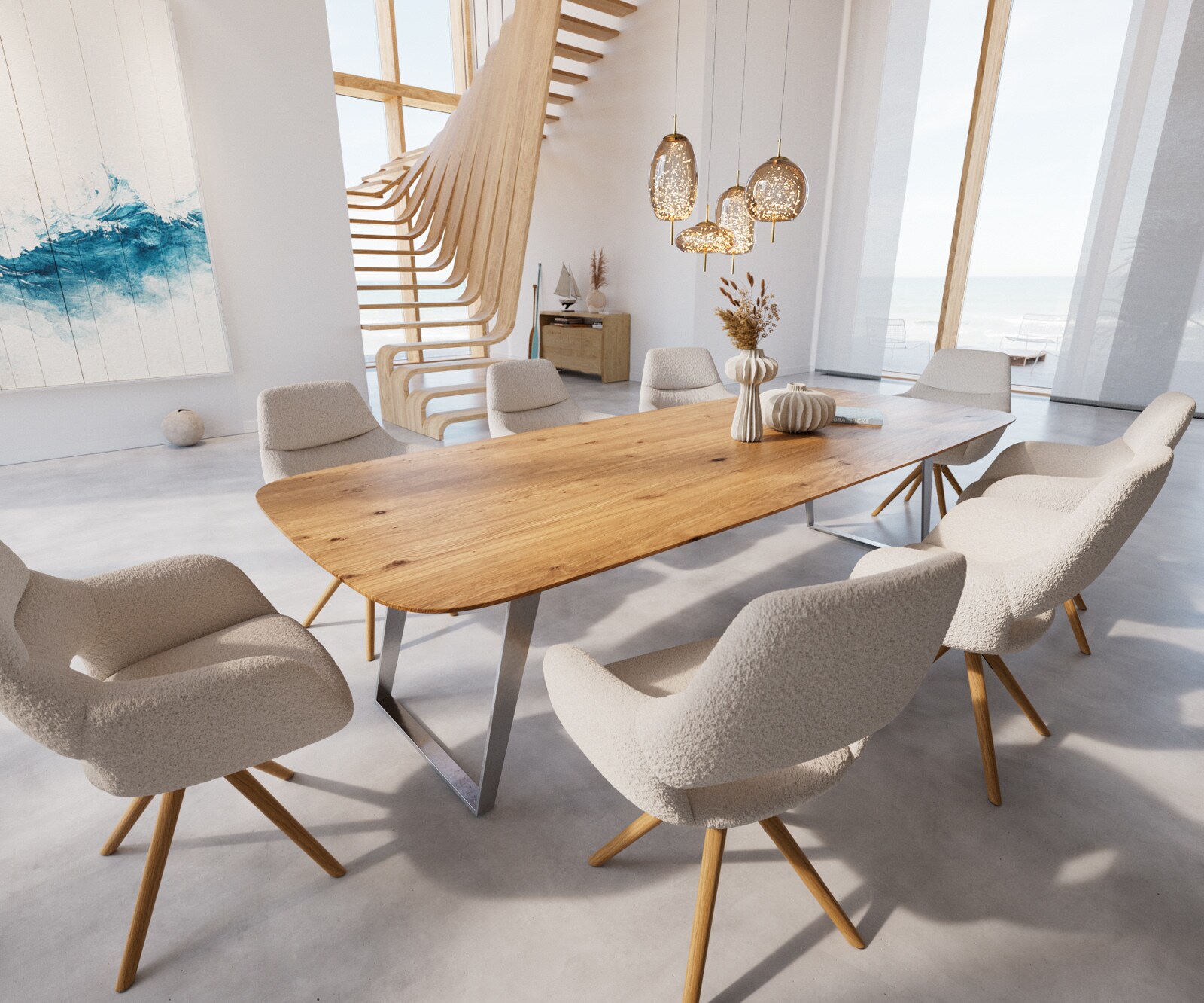 Eettafel Edge Boot 300x120x2,5-3 eiken natuur roestvrij staal  schuin Schweizer Kante 6