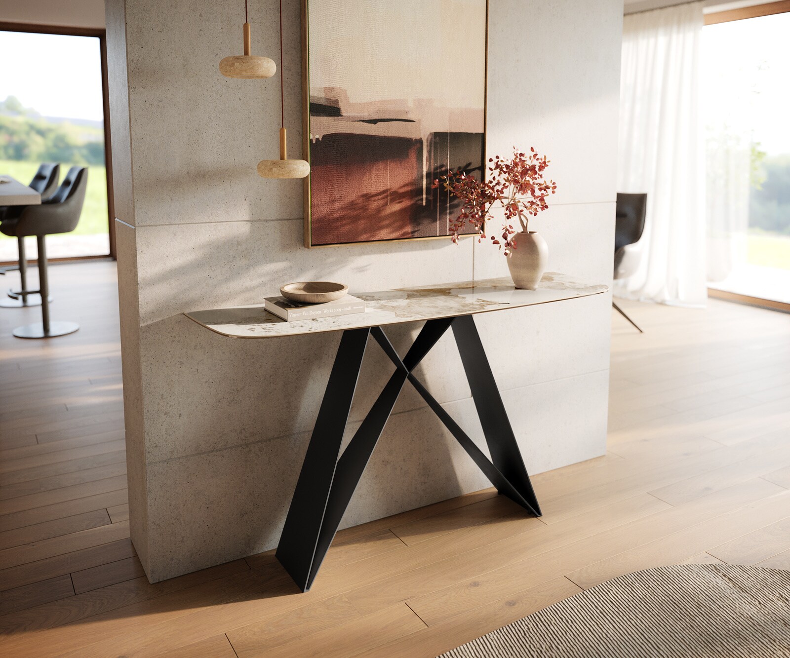 Consoletafel Edge Bootvorm 140x40 cm Keramiek Minas Melange Weiß-Beige Velio Metaal Zwart 1
