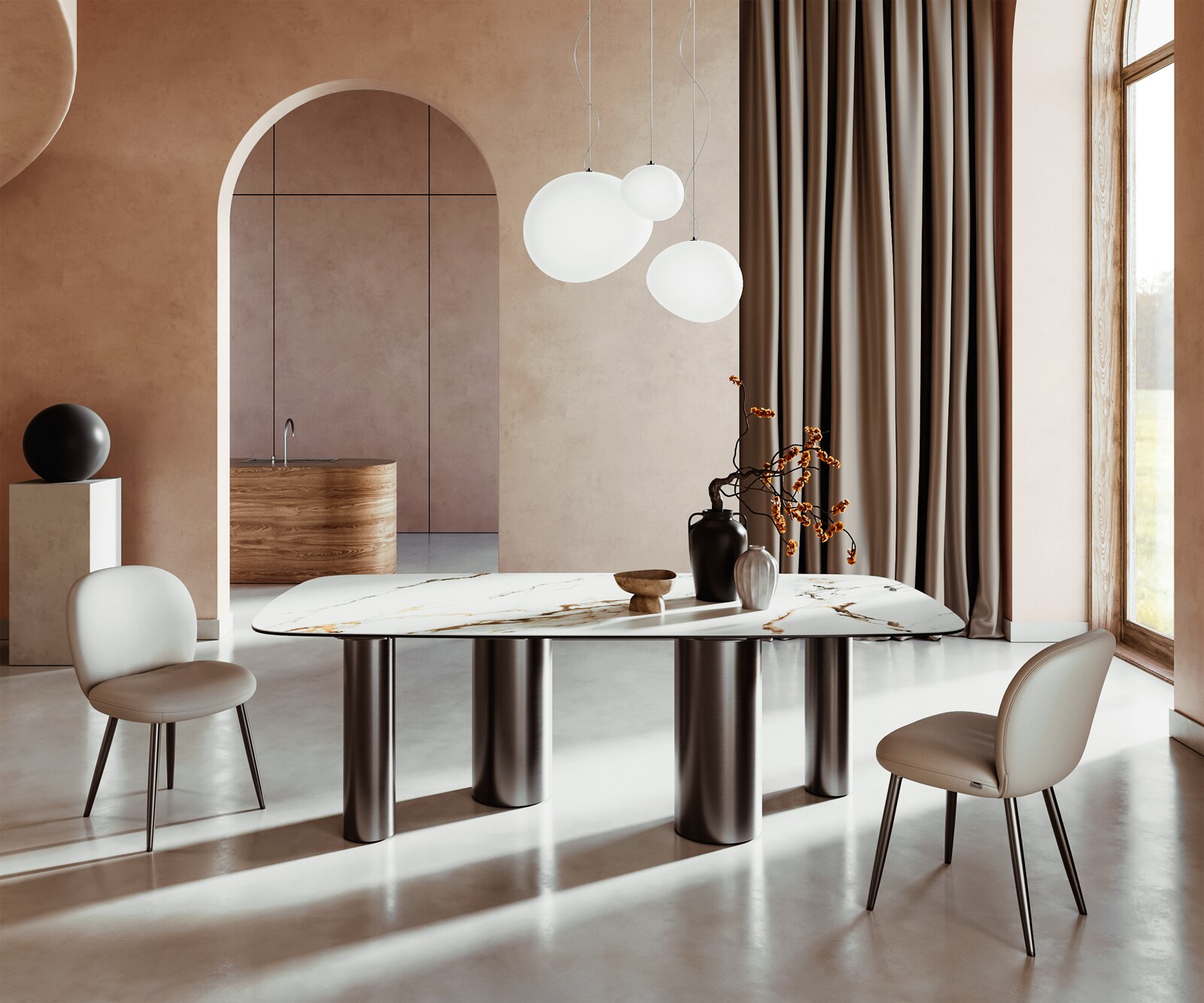 Eetkamertafel Edge Boot 240x120 keramiek Calacatta Luxe wit-Gold-grijs Pilier roestvrij staal grafiet