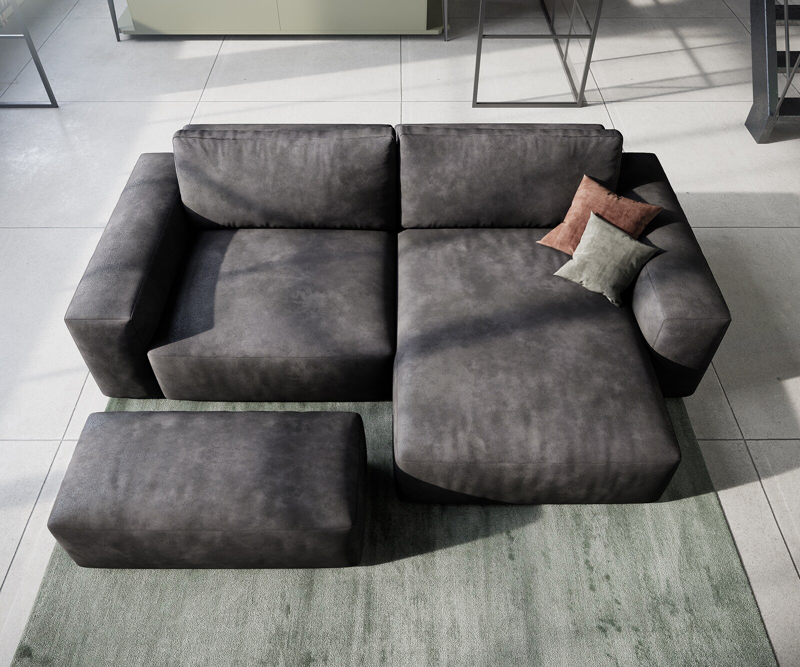 Hoeksofa Lanzo 230x155 cm kunstleer vintage antraciet met variabele recamière en hocker 3