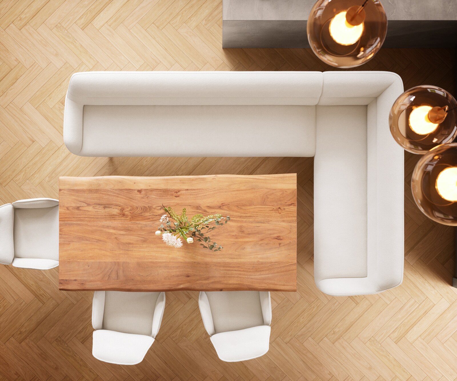 Eetkamerbank Taya-Flex 285x190 cm bouclé crème-wit hoekig kruisframe roestvrij staal pocketvering links 6