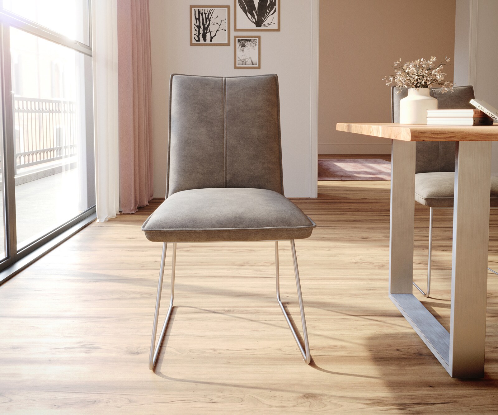 Eetkamerstoel Lelio-Flex microvelours taupe vintage slipframe roestvrij staal pocketveer kern 1