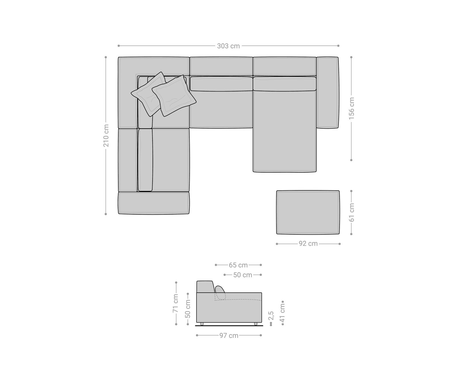 Woonkamer landschap Sirpio 300x210 cm bouclee crème-wit recamiere variabele met kruk 8