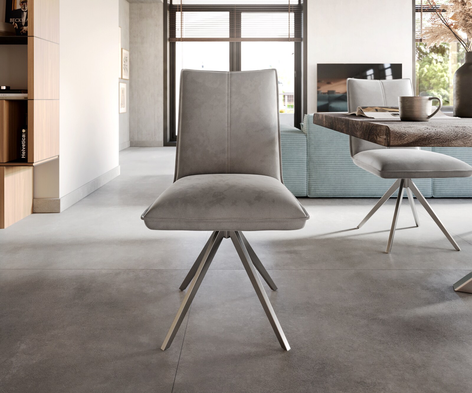 Eetkamerstoel Lelio-Flex fluweel grijs kruisframe breed roestvrij staal pocketveer kern 2