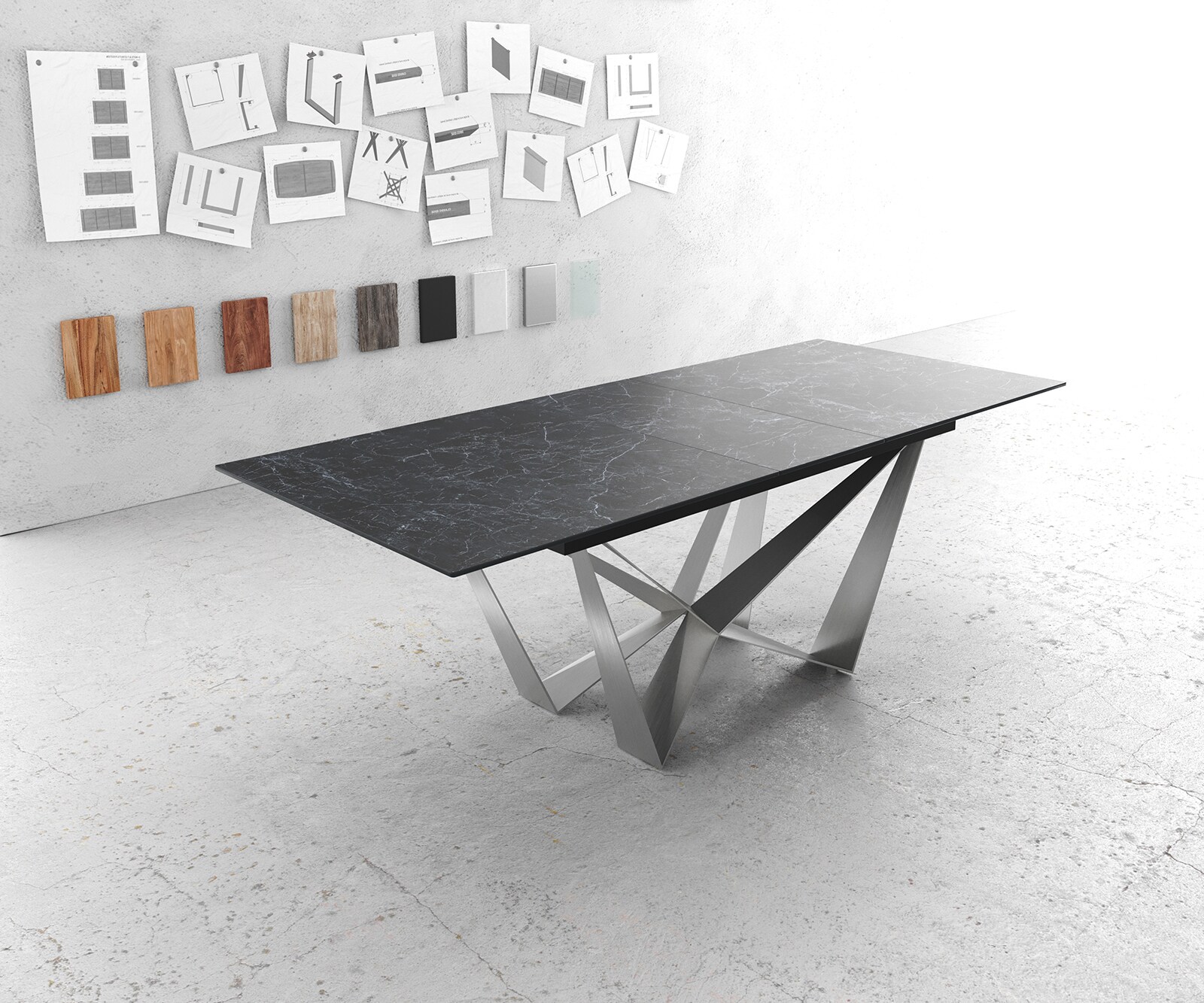 Eettafel Edge 180-220x90cm Laminam® keramiek grijs middenpoot vlak staal zilver
