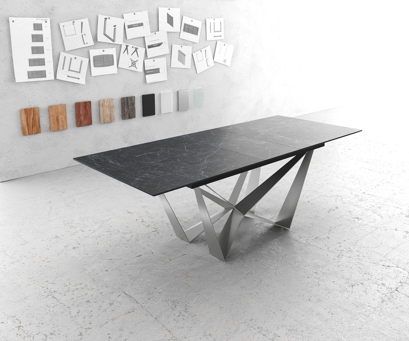 Eettafel Edge 180-220x90cm Laminam® keramiek grijs middenpoot vlak staal zilver Eettafel Edge 180-220x90cm Laminam® keramiek grijs middenpoot vlak staal zilver