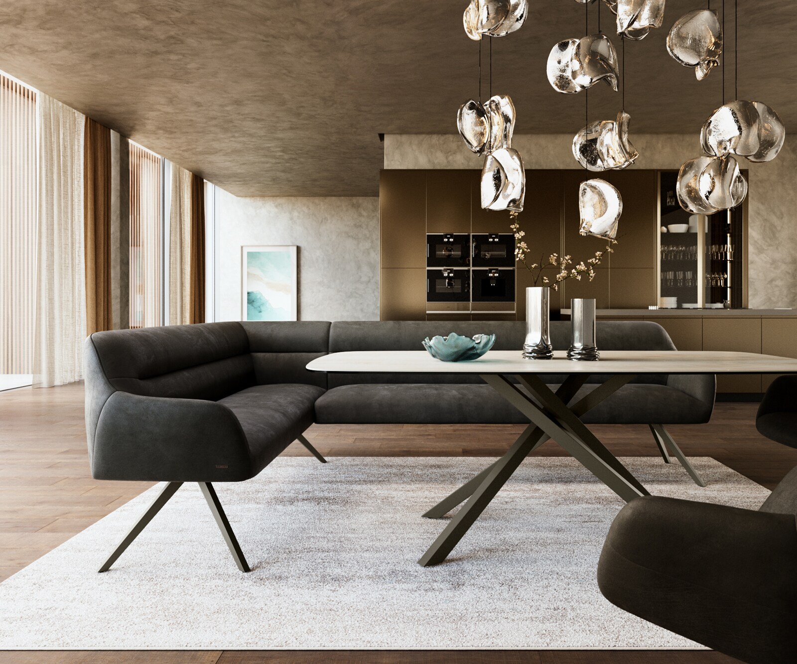 Eetkamerbank Taya-Flex 285x190 cm microvelours anthraciet vintage hoekig kruisframe afwerking met titaniumeffect pocketvering rechts 2