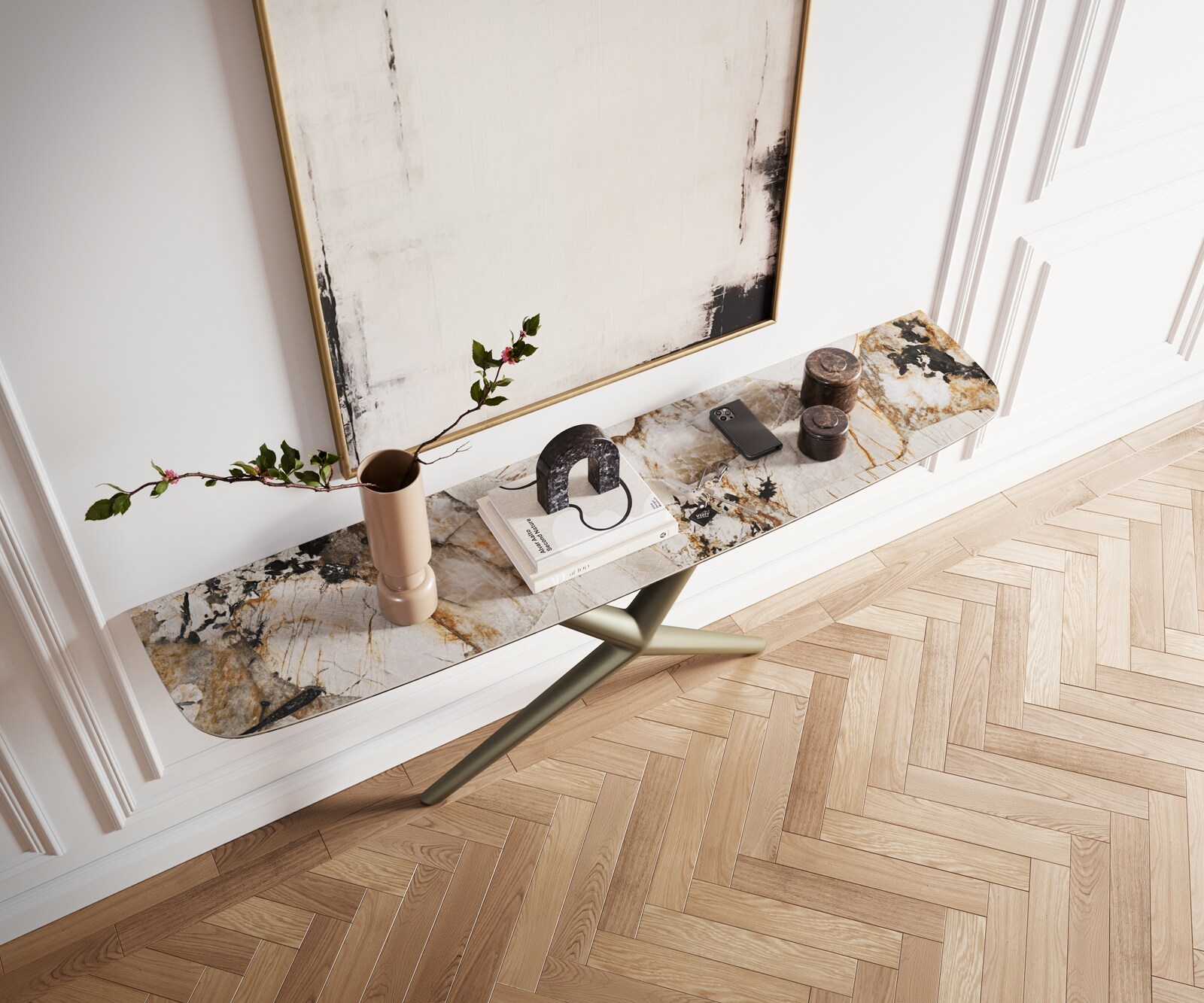 Consoletafel Edge Bootvorm 180x40 cm Keramiek Patagonia Poliert Estelo Metaal Effektfinish Titan 2