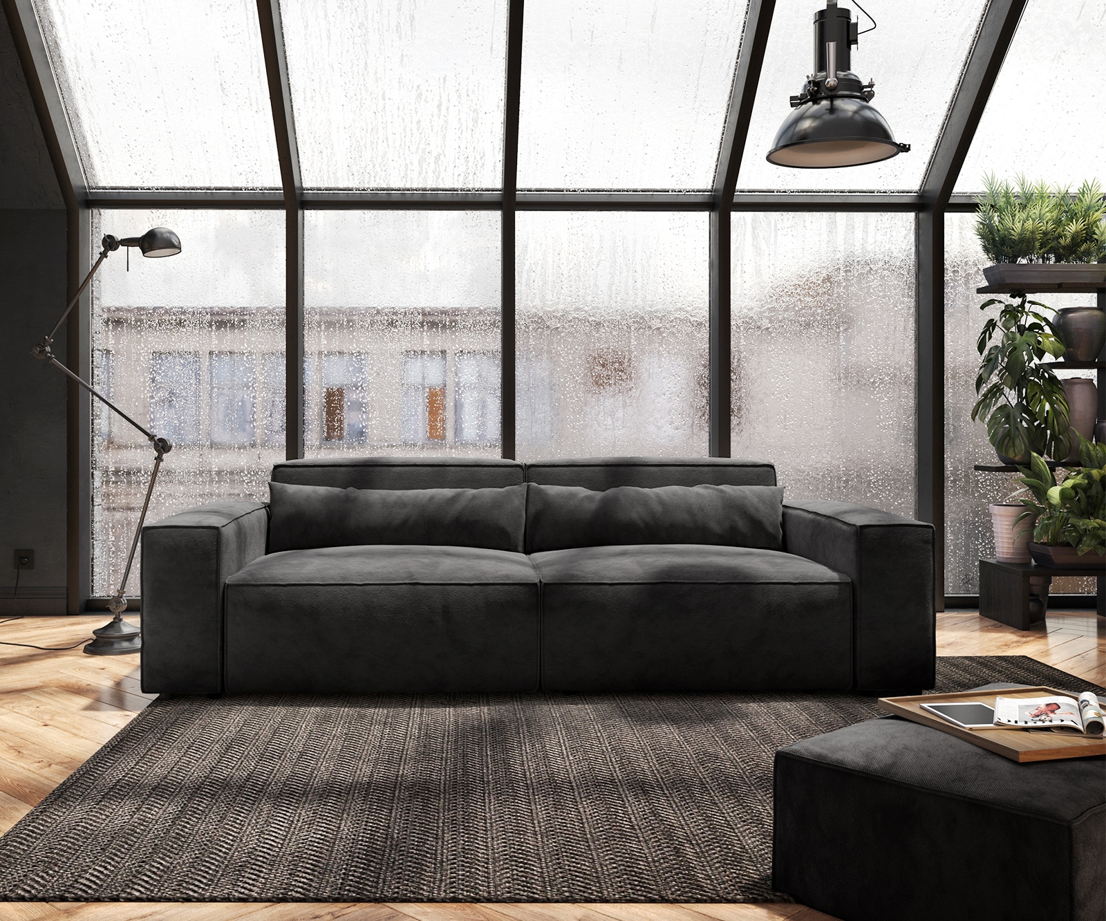 Grote bank Sirpio 230x90 cm microvezel zwart met kruk 2