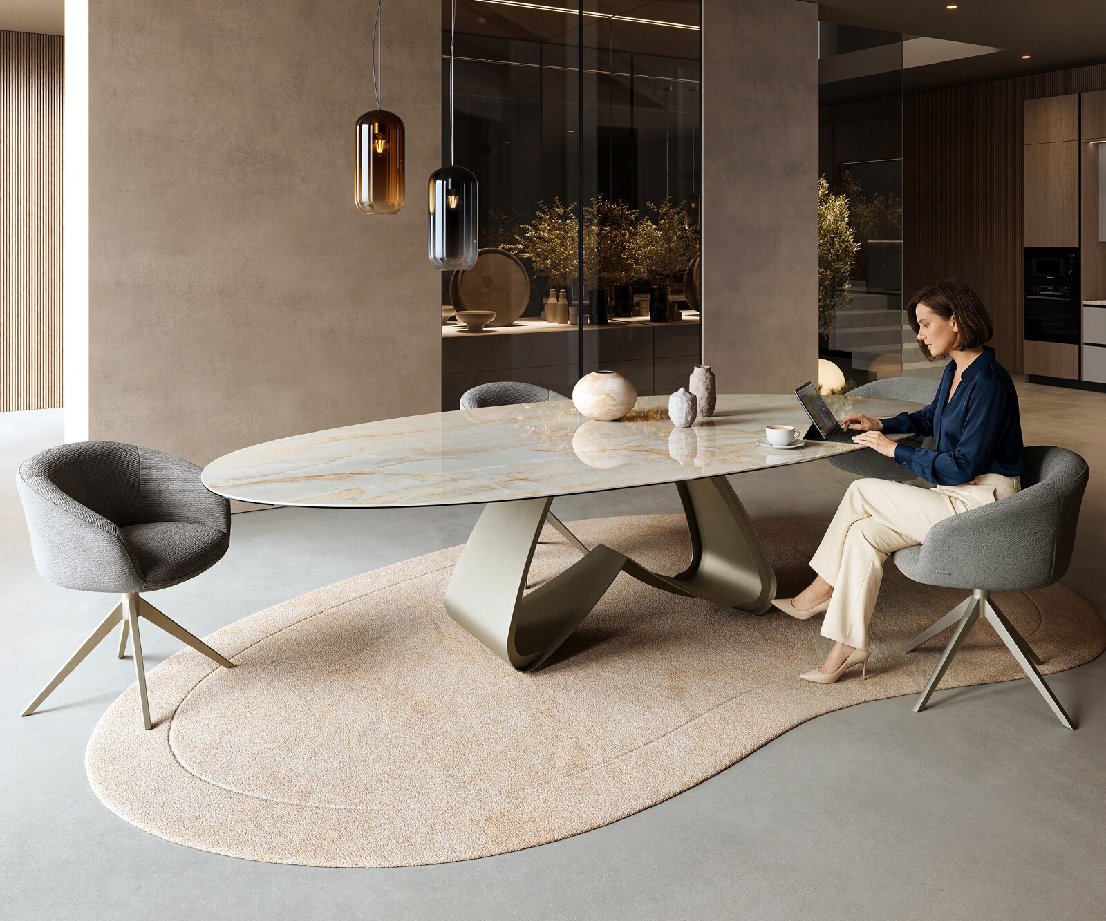 Eetkamertafel Edge Oval 315x150 cm Keramiek Iris FMG Onice Oro W-onderstel Metaal Effectafwerking Titan 7