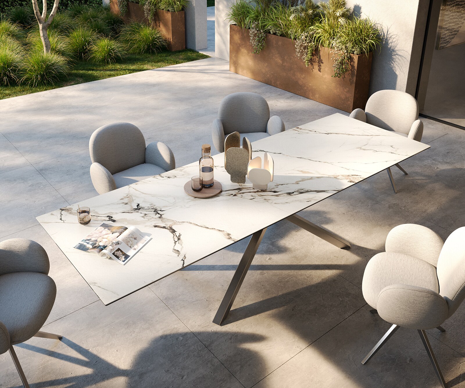 Outdoortafel Edge 300x100 cm keramiek Calacatta Luxe wit-goud-grijs kruispoot rechthoekig roestvrij staal 4