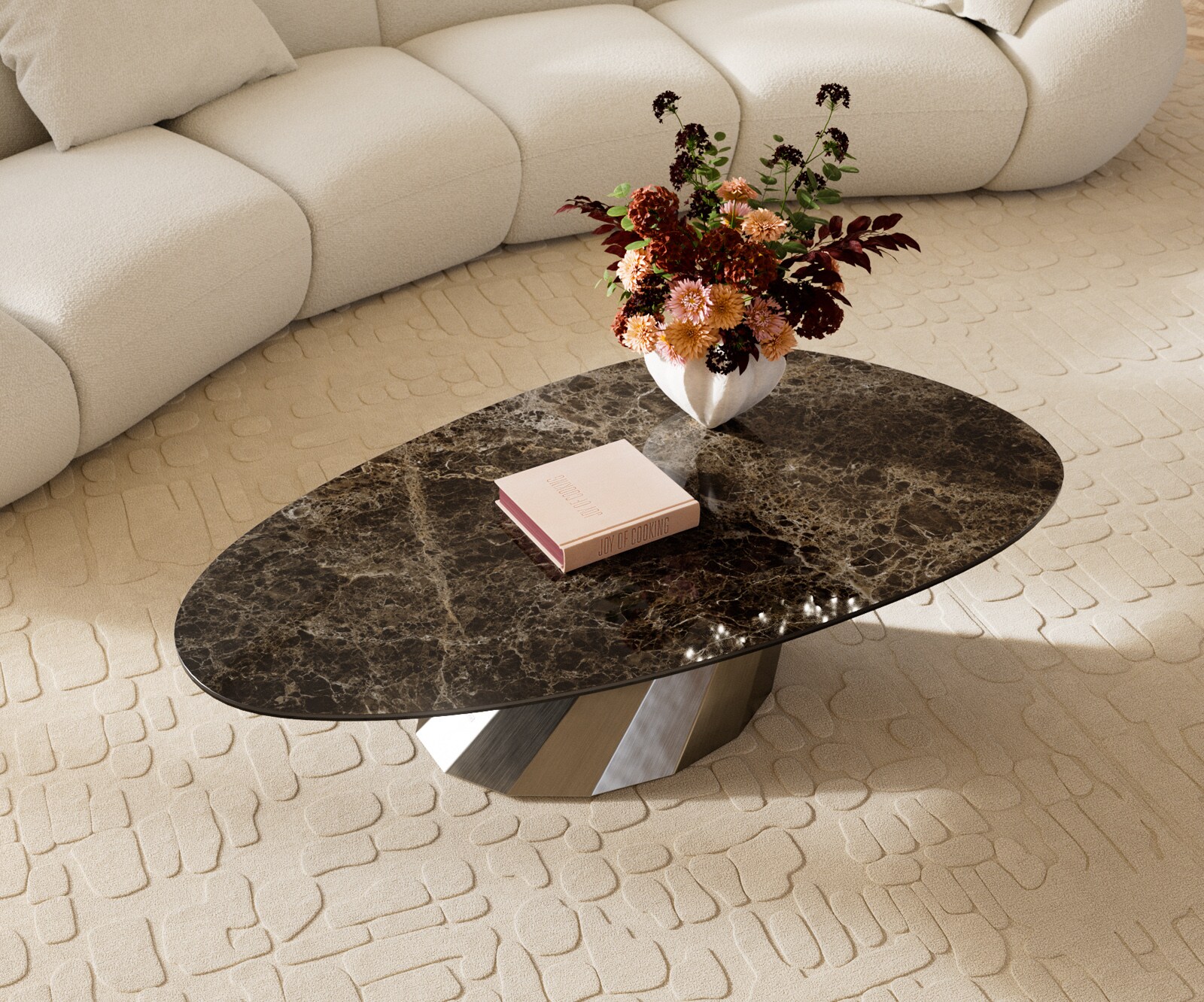 Salontafel Edge Oval 140x75 cm keramiek Laminam® Emperador Extra Lucidato donkerbruin Parabi geborsteld roestvrij staal 4