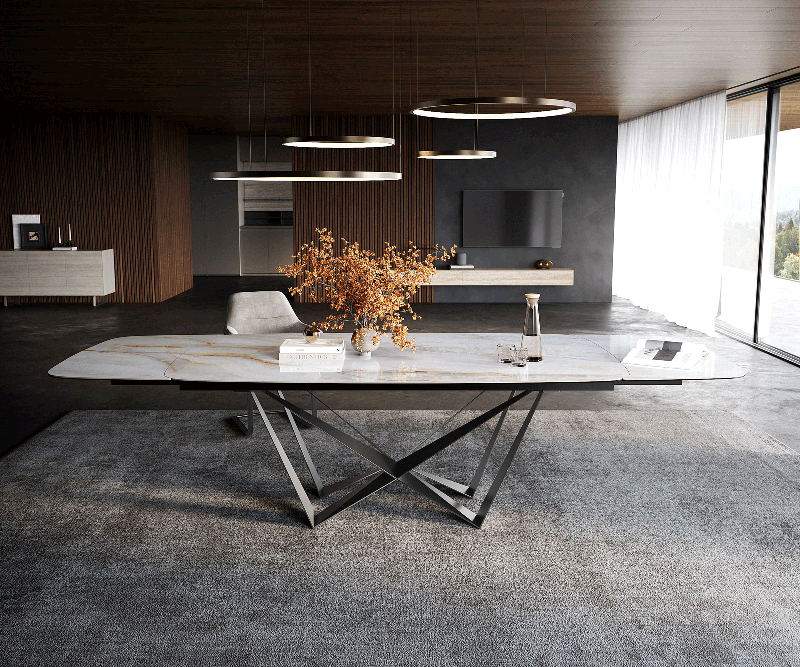 Eettafel Edge Boot 200-300x120 cm Keramiek Onyx Pearl Spider Platstaal Roestvrij staal Grafiet uitschuifbaar 2