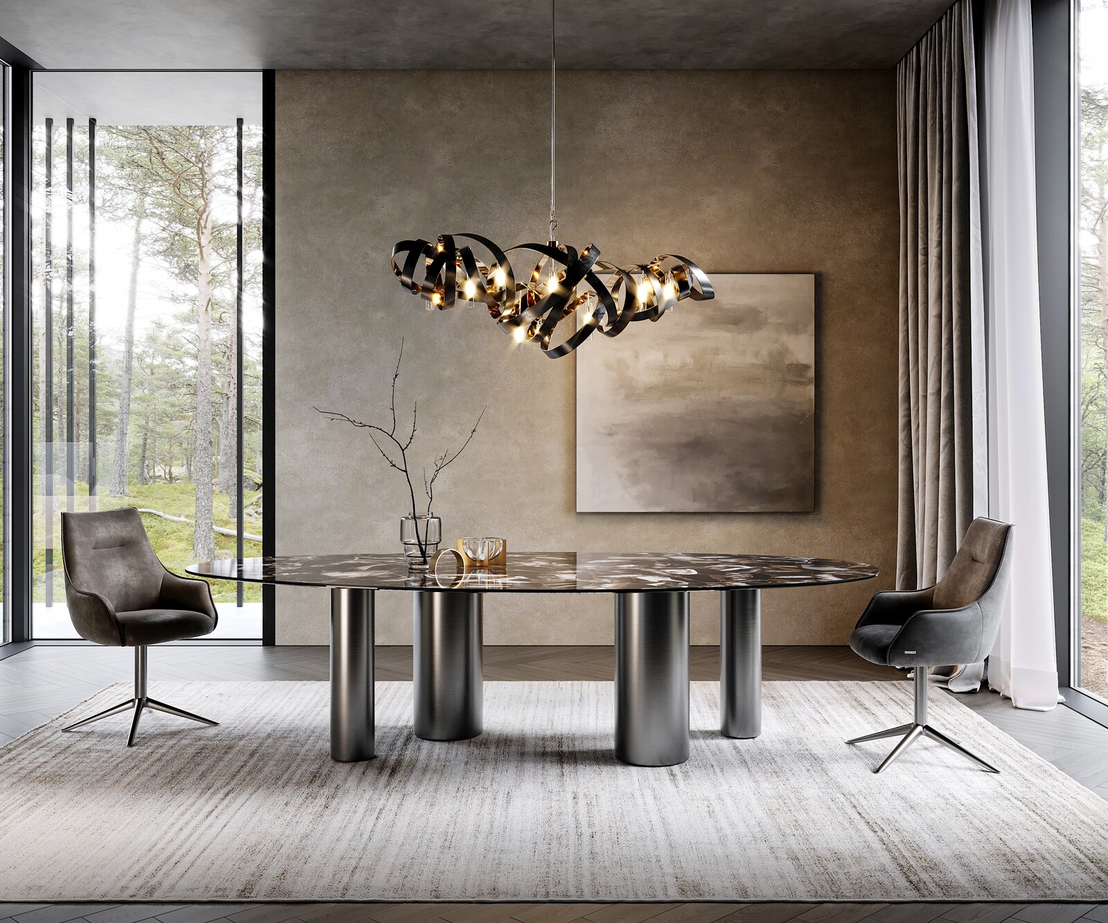 Eetkamertafel Edge ovaal 280x130 keramiek Iris FMG Agatablack Pilier roestvrij staal grafiet 2