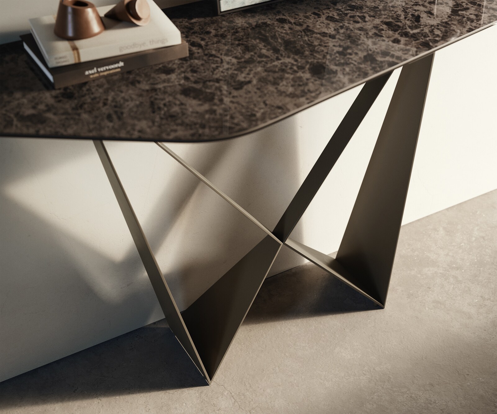 Consoletafel Edge Polygonaal 140x50 cm Keramiek Emperador Extra Lucidato Dunkelbraun Spios Metaal Effektfinish Titan 5