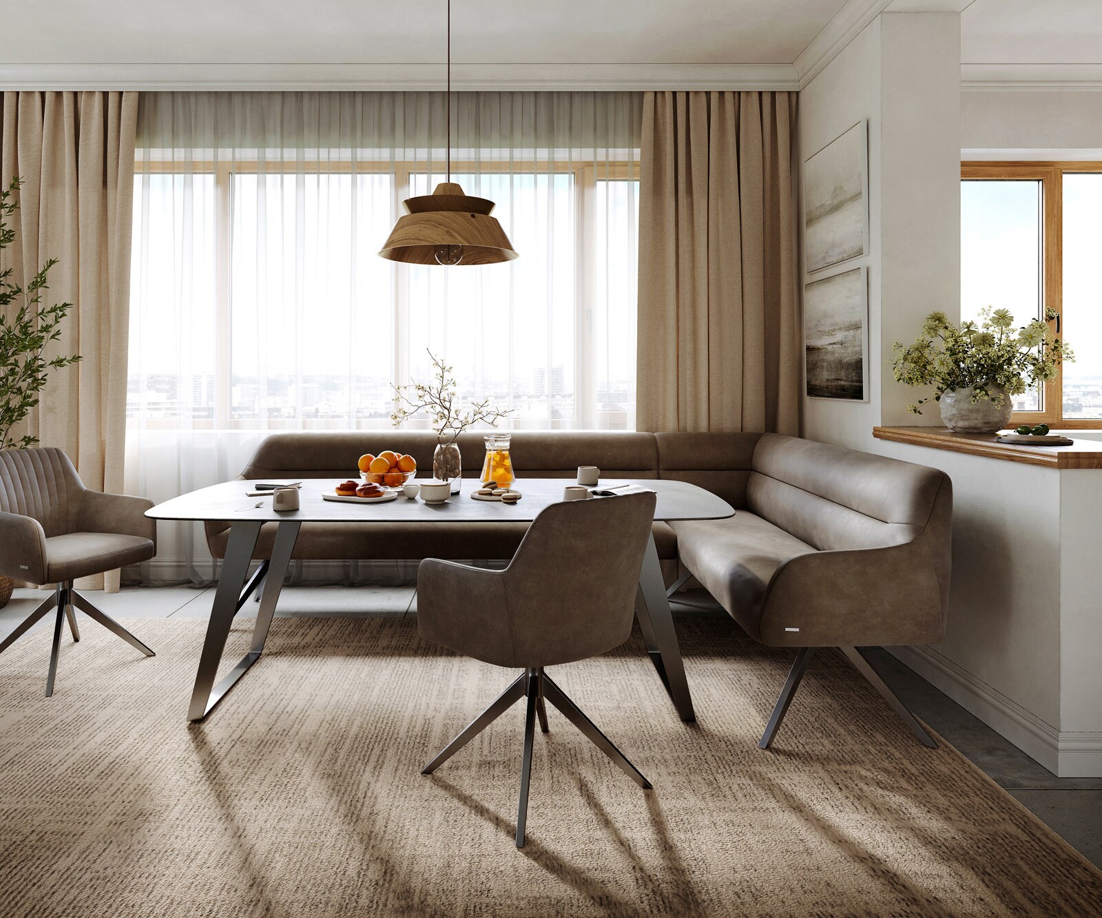 Eetkamerbank Taya-Flex 285x190 cm microvelours taupe vintage hoekig kruisframe grafiet pocketvering rechts 2
